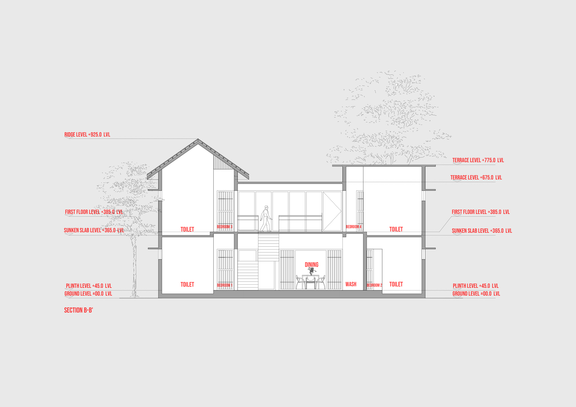 Section drawing showing the interior spatial arrangement across two floors with central stairwell