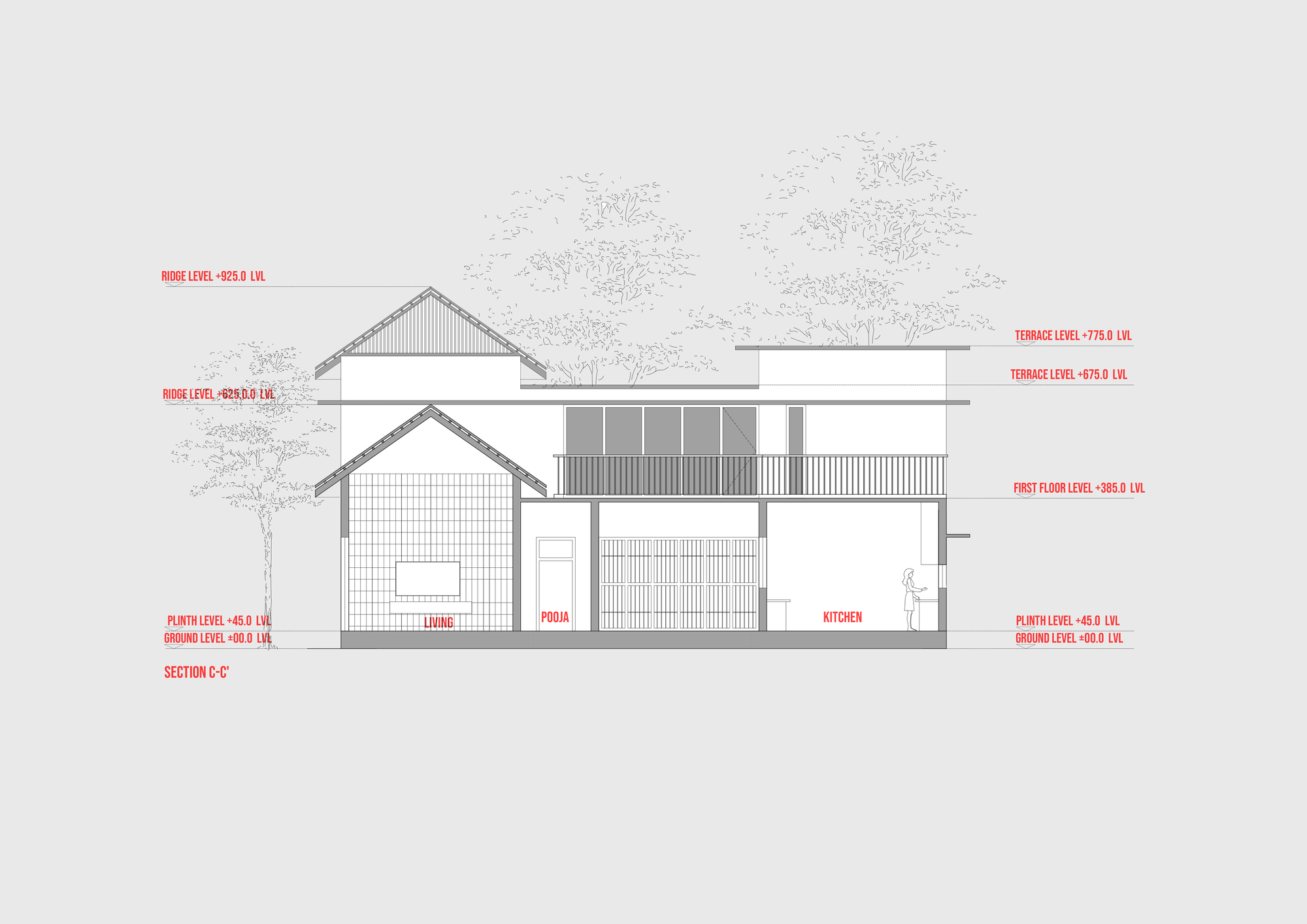 Section drawing displaying living and kitchen spaces beneath gabled roofs and flat terrace levels