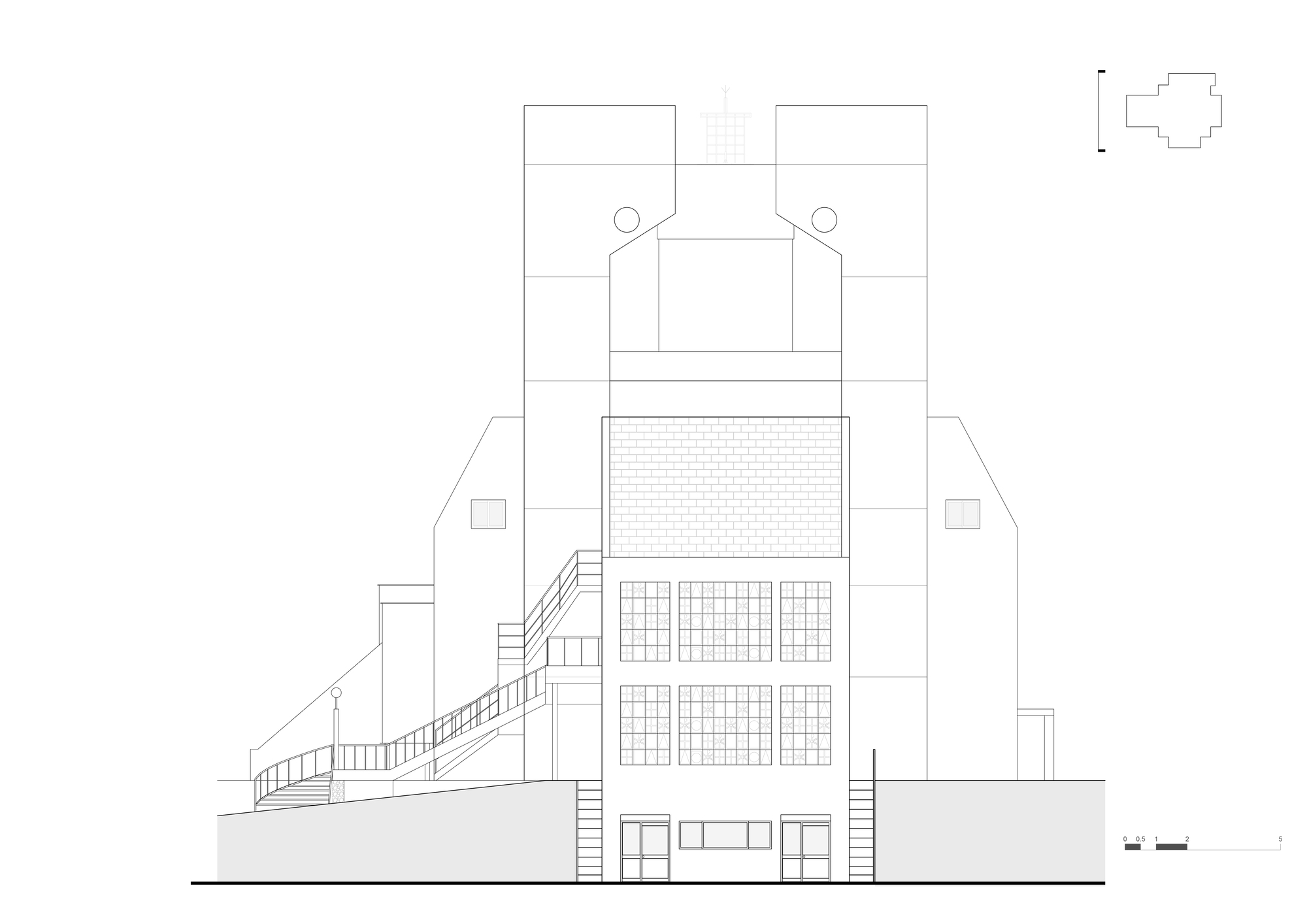Elevation drawing showing the tower with side-mounted staircase and patterned screen openings
