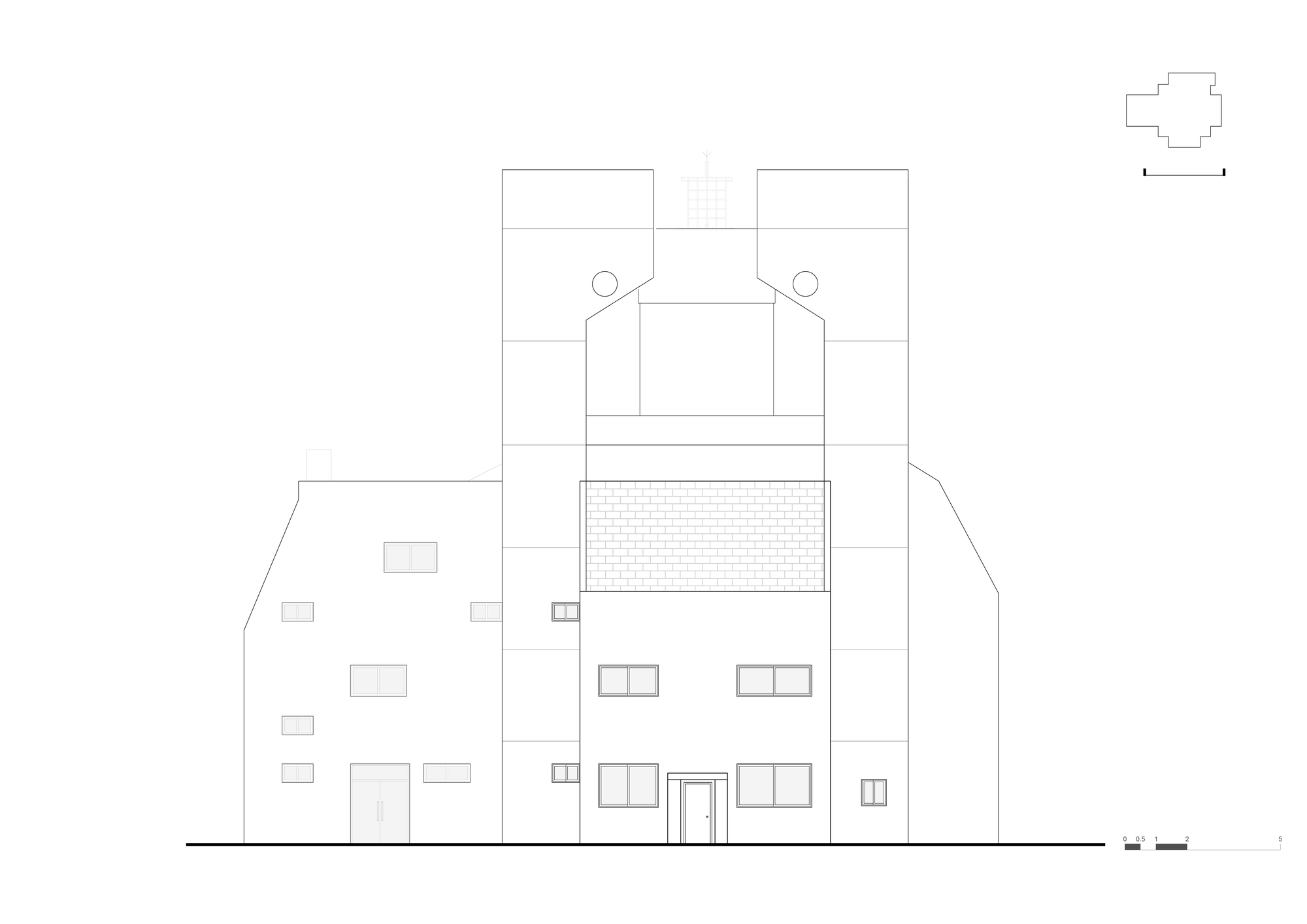 Elevation drawing depicting the tower and adjacent lower volumes with window openings