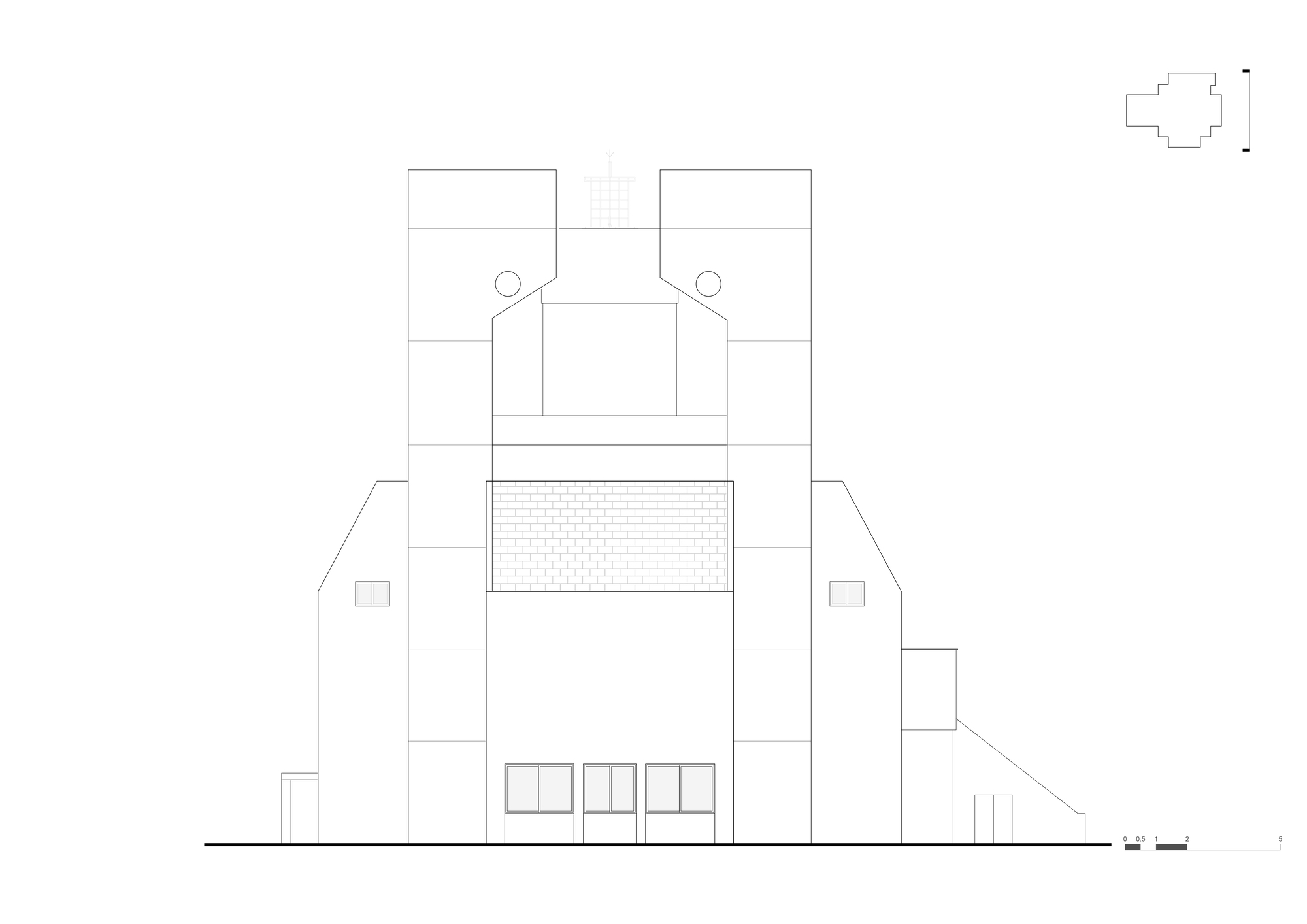 Elevation drawing depicting a symmetrical facade with central tower, brick band, and flanking lower wings