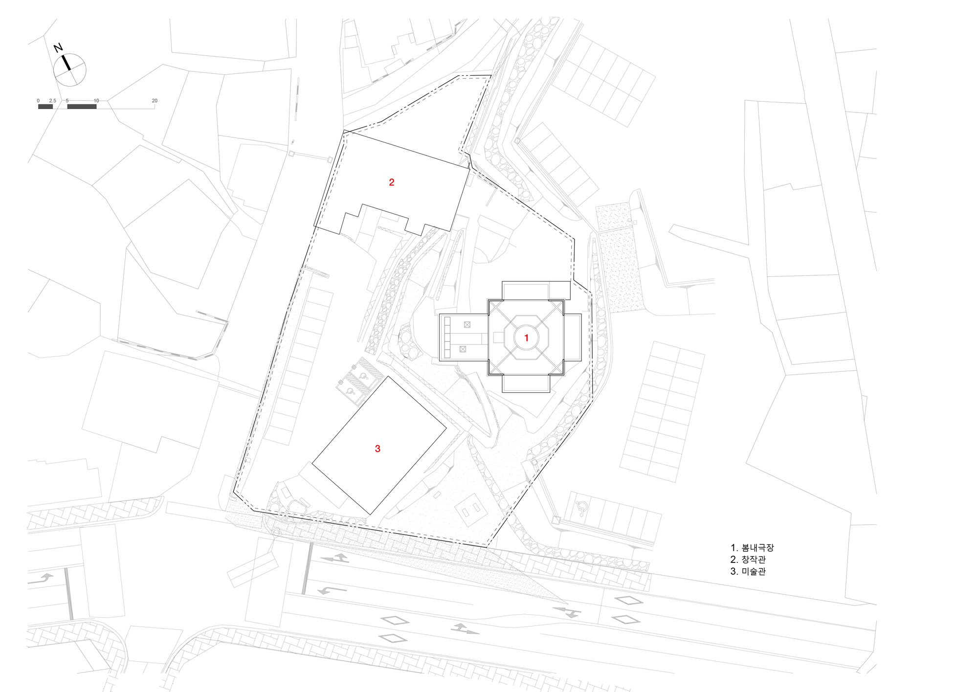 Site plan drawing showing the building footprint within its urban context with surrounding streets and structures