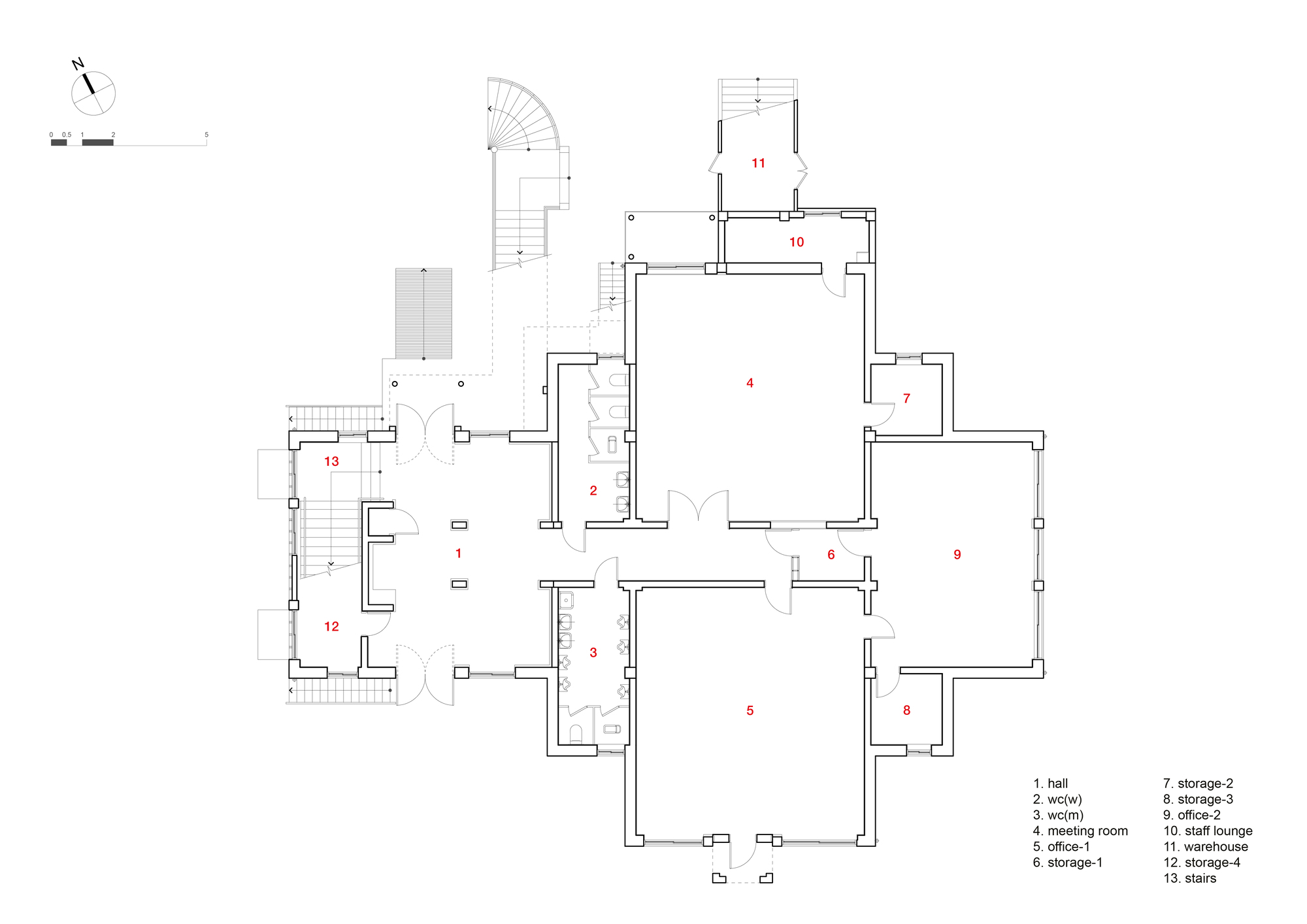 Floor plan drawing showing rooms arranged around a central hall with curved stair and labeled storage areas