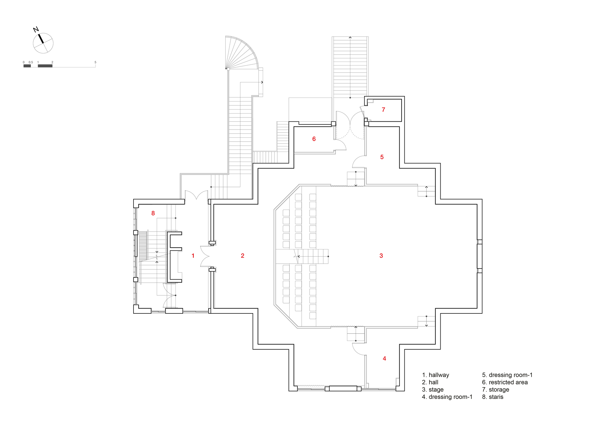 Floor plan drawing showing a central stage area with seating rows and adjacent dressing and storage rooms