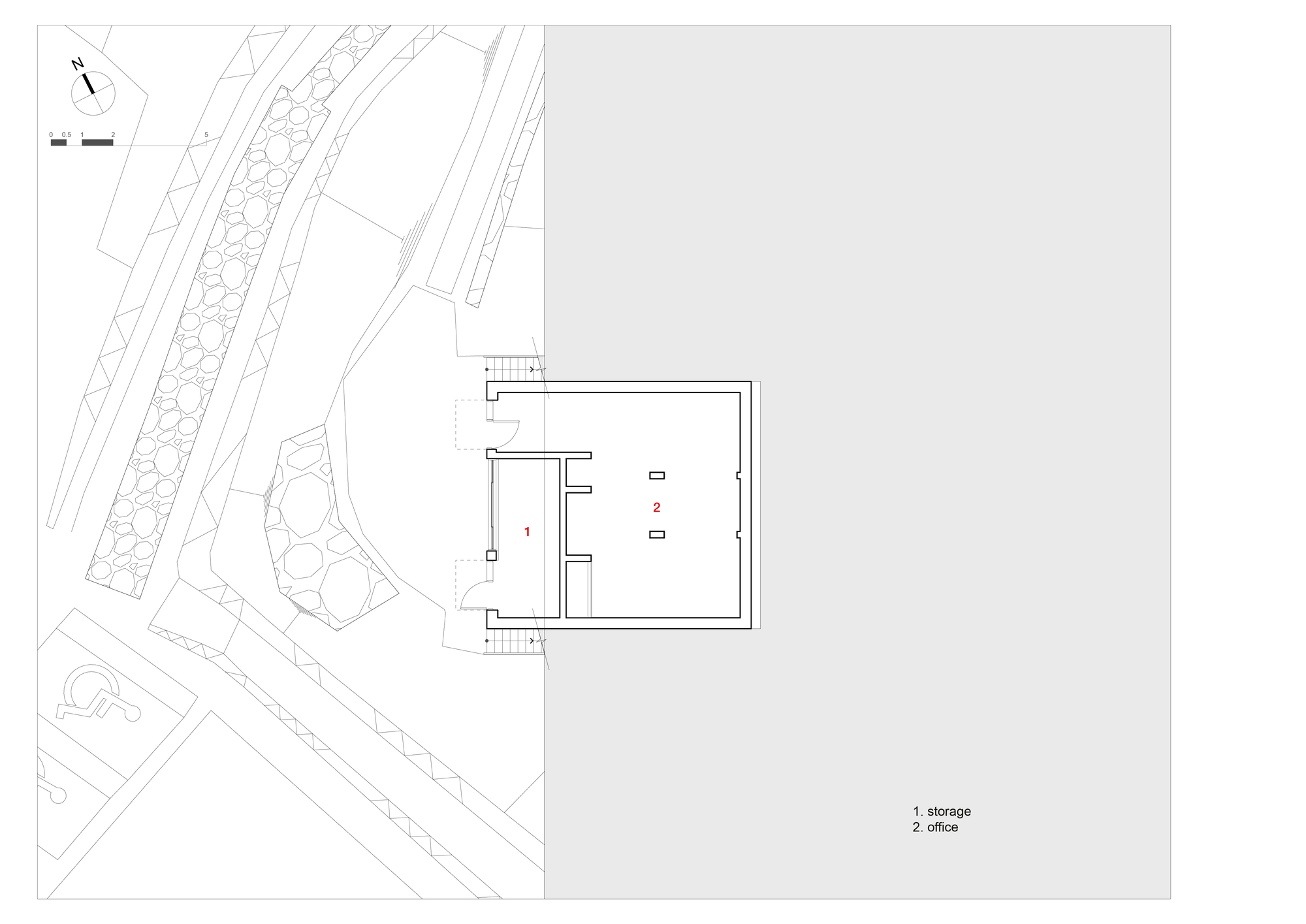Site plan showing a rectangular building volume adjacent to landscaped areas and diagonal pathways