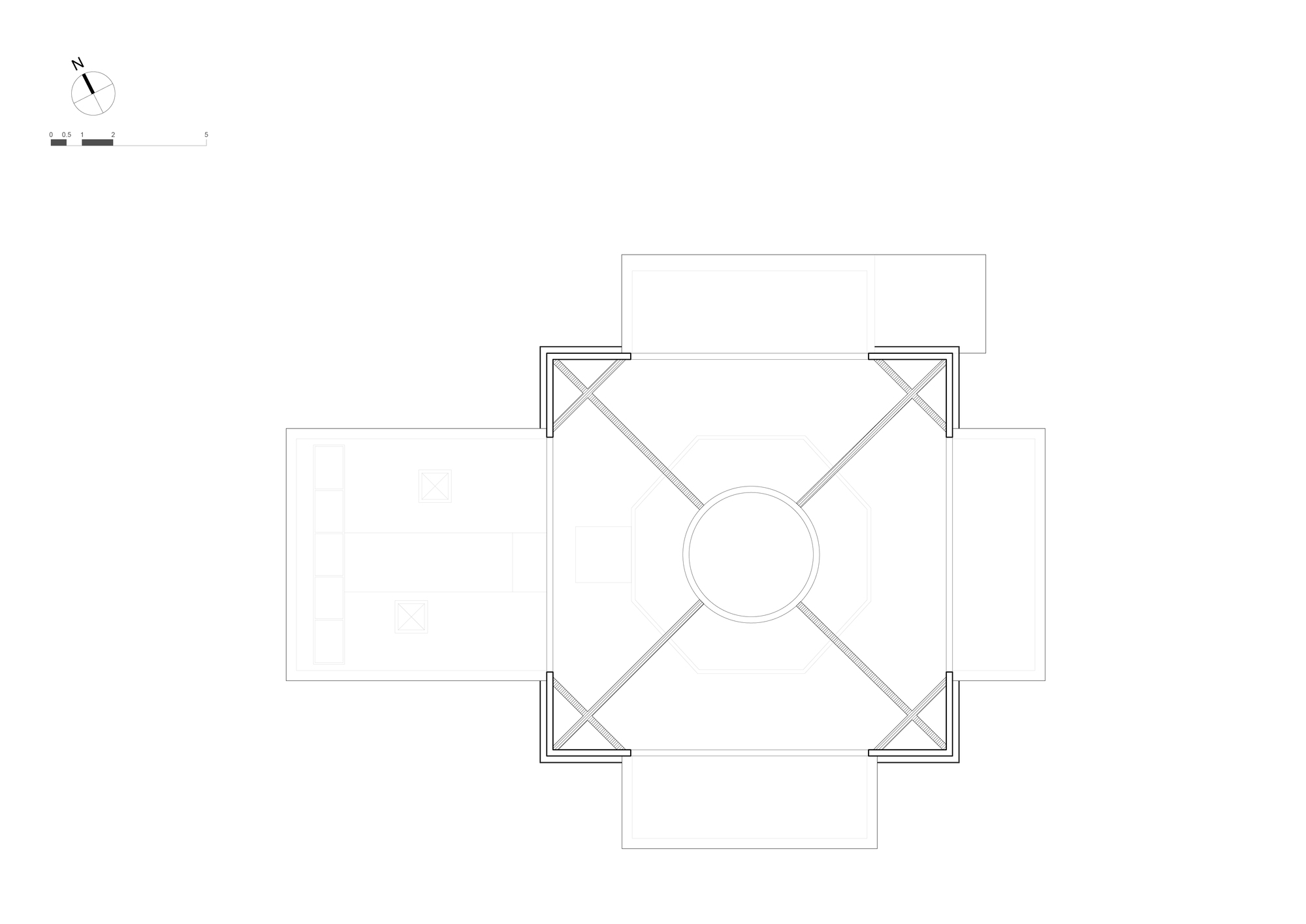 Floor plan drawing displaying a central circular core within a square structure with symmetrical projecting wings