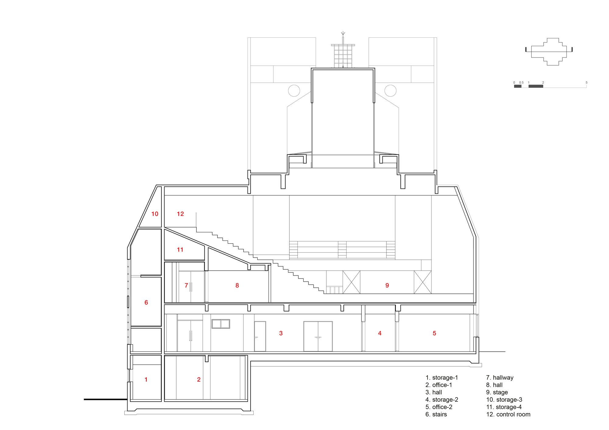 Section drawing cutting through multiple levels with a diagonal staircase and a rooftop tower element
