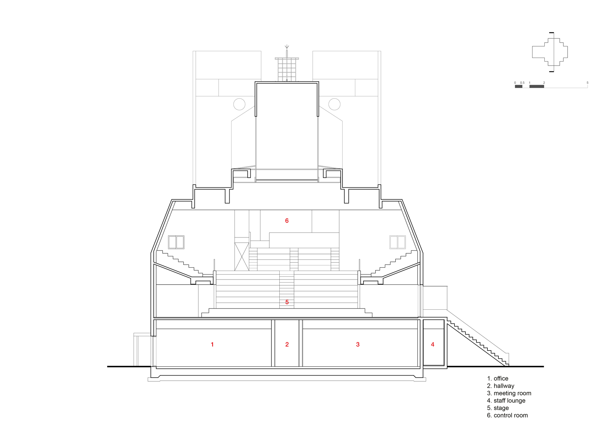 Section drawing showing a multi-level theatre space with tiered seating, stage, and control room