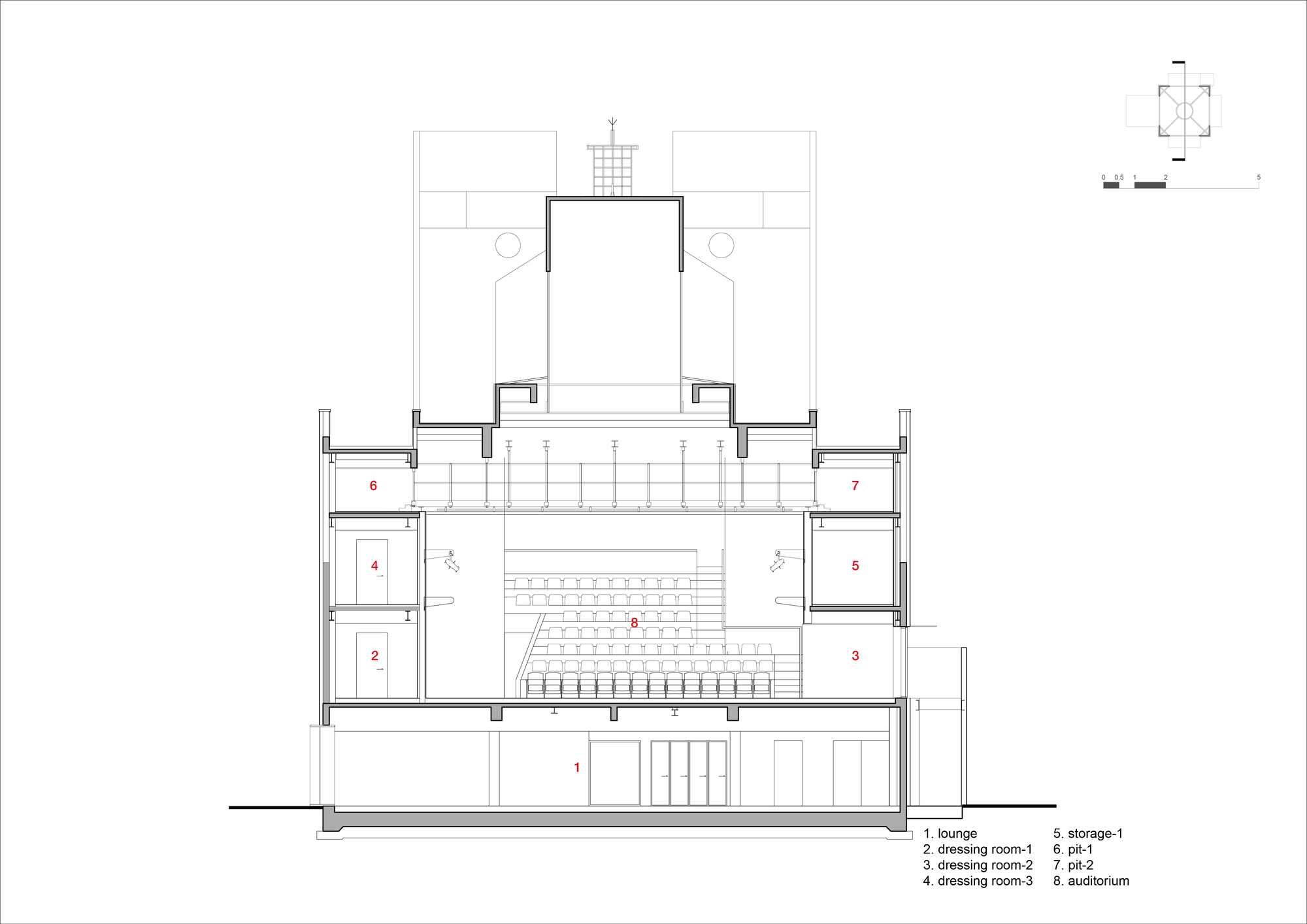 Section drawing revealing a central auditorium with flanking dressing rooms and storage areas