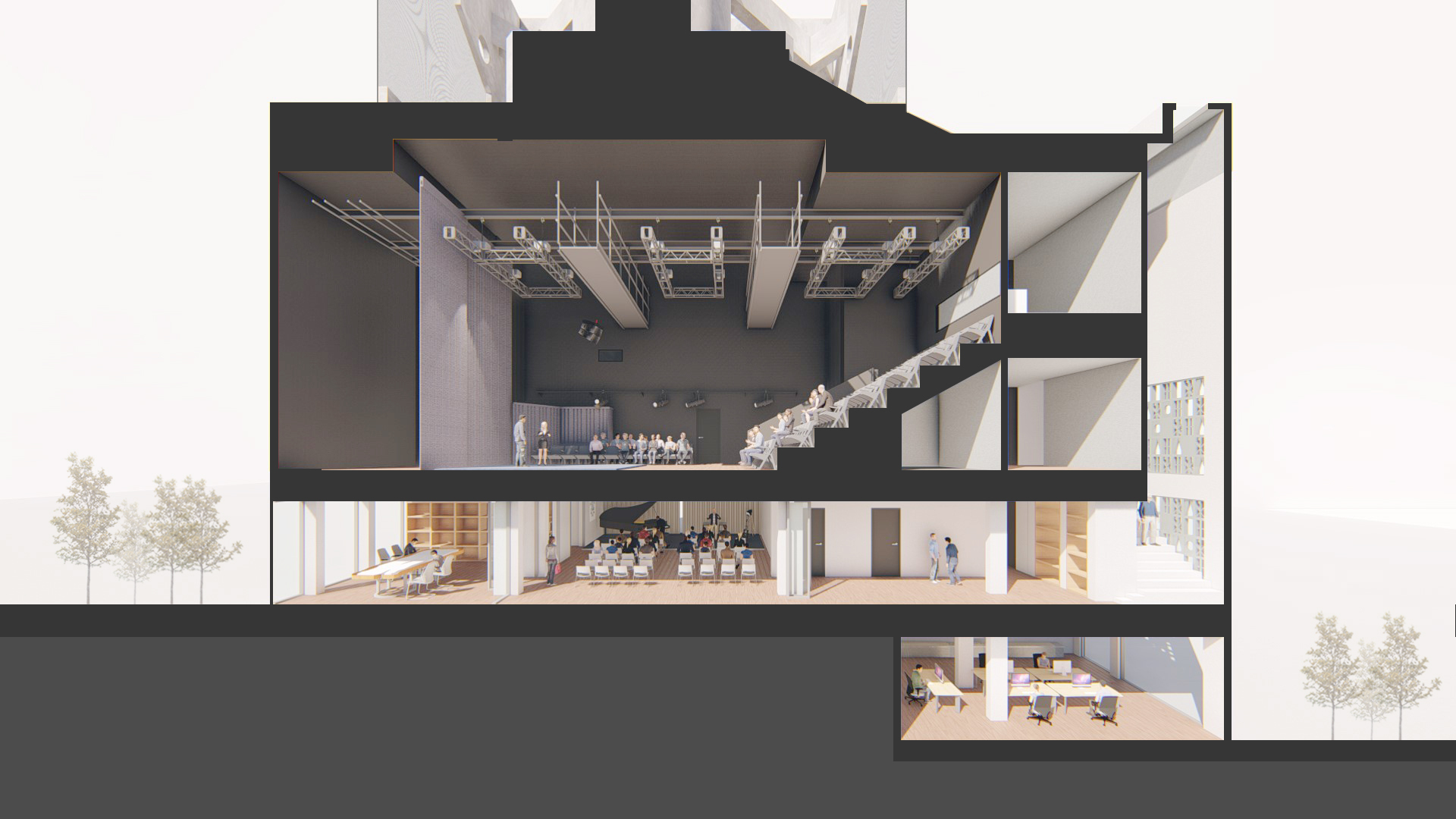 Rendered section cut through the theatre showing the main auditorium, stage rigging, and rehearsal spaces