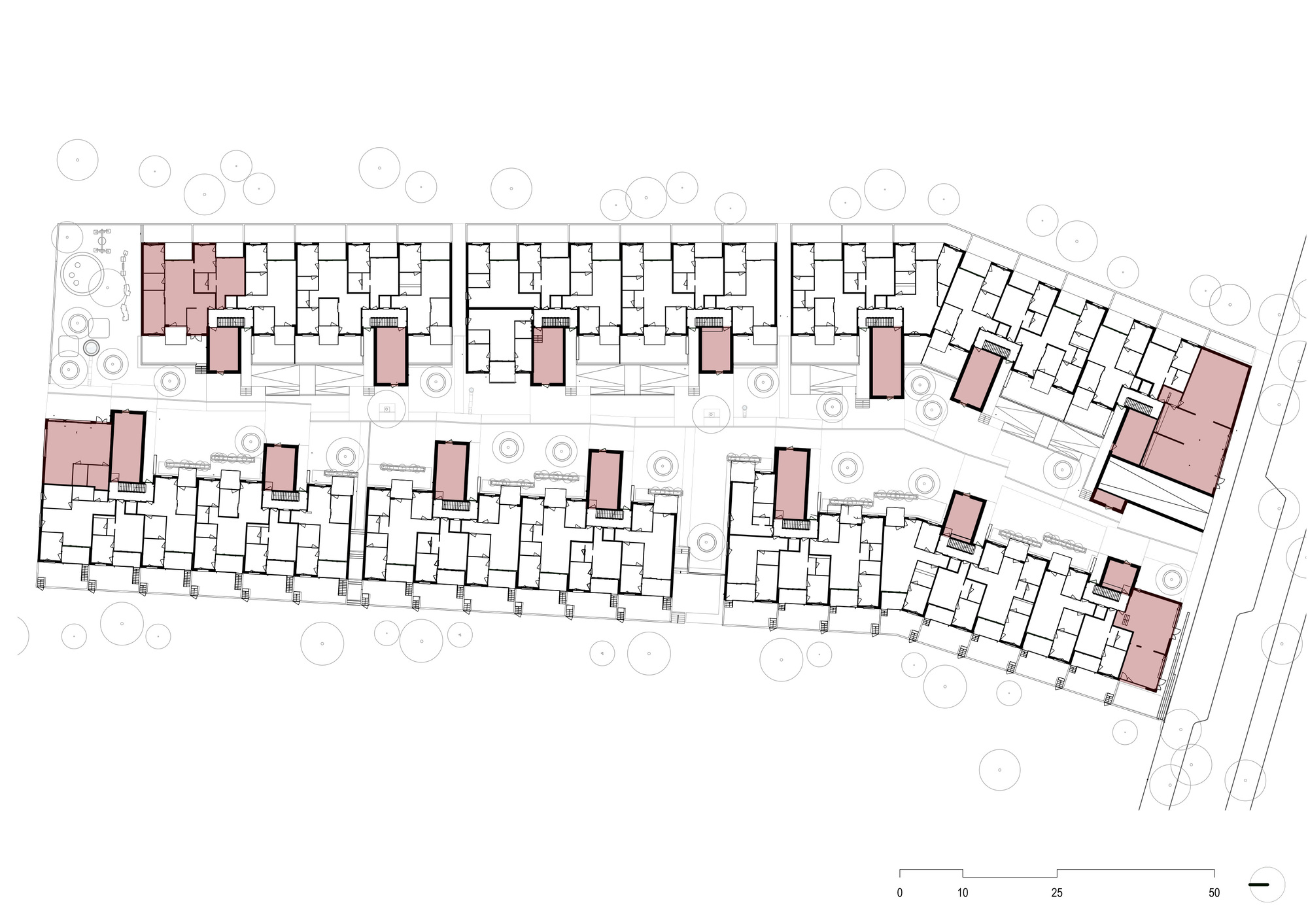 Site plan drawing showing two parallel residential bars with pink-toned communal cores and surrounding trees