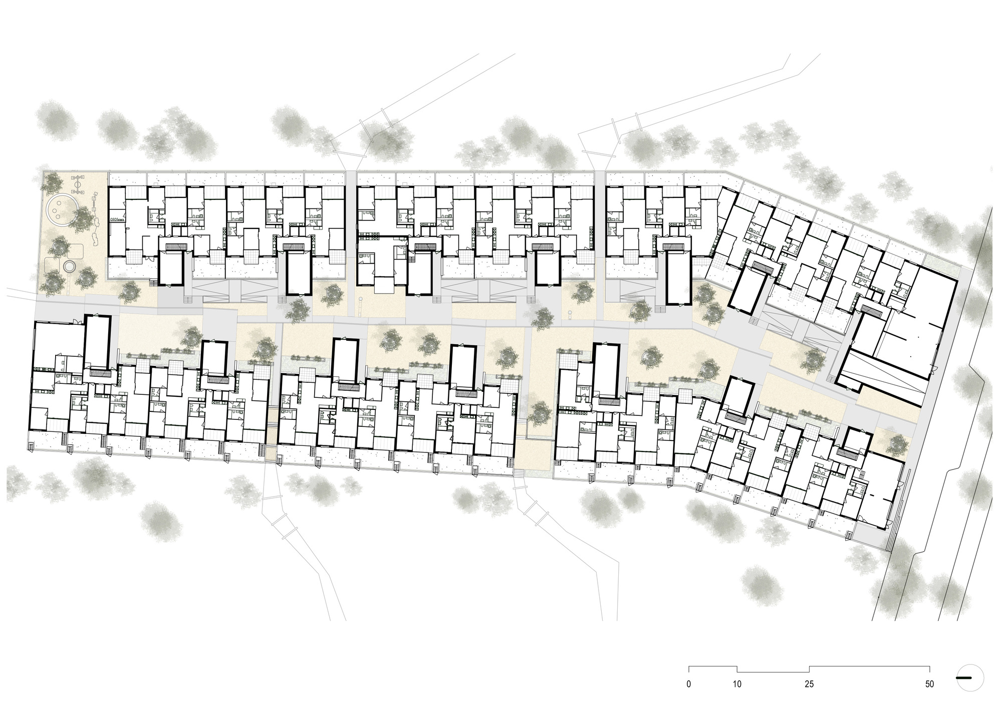 Site plan with watercolor tree canopies showing the residential blocks and central landscaped pedestrian route