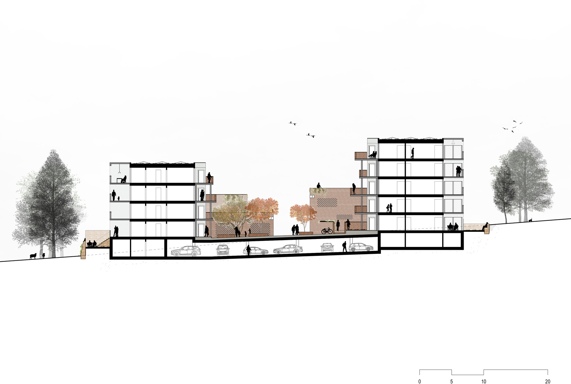 Section drawing showing two multistory residential blocks with figures, trees, and underground parking