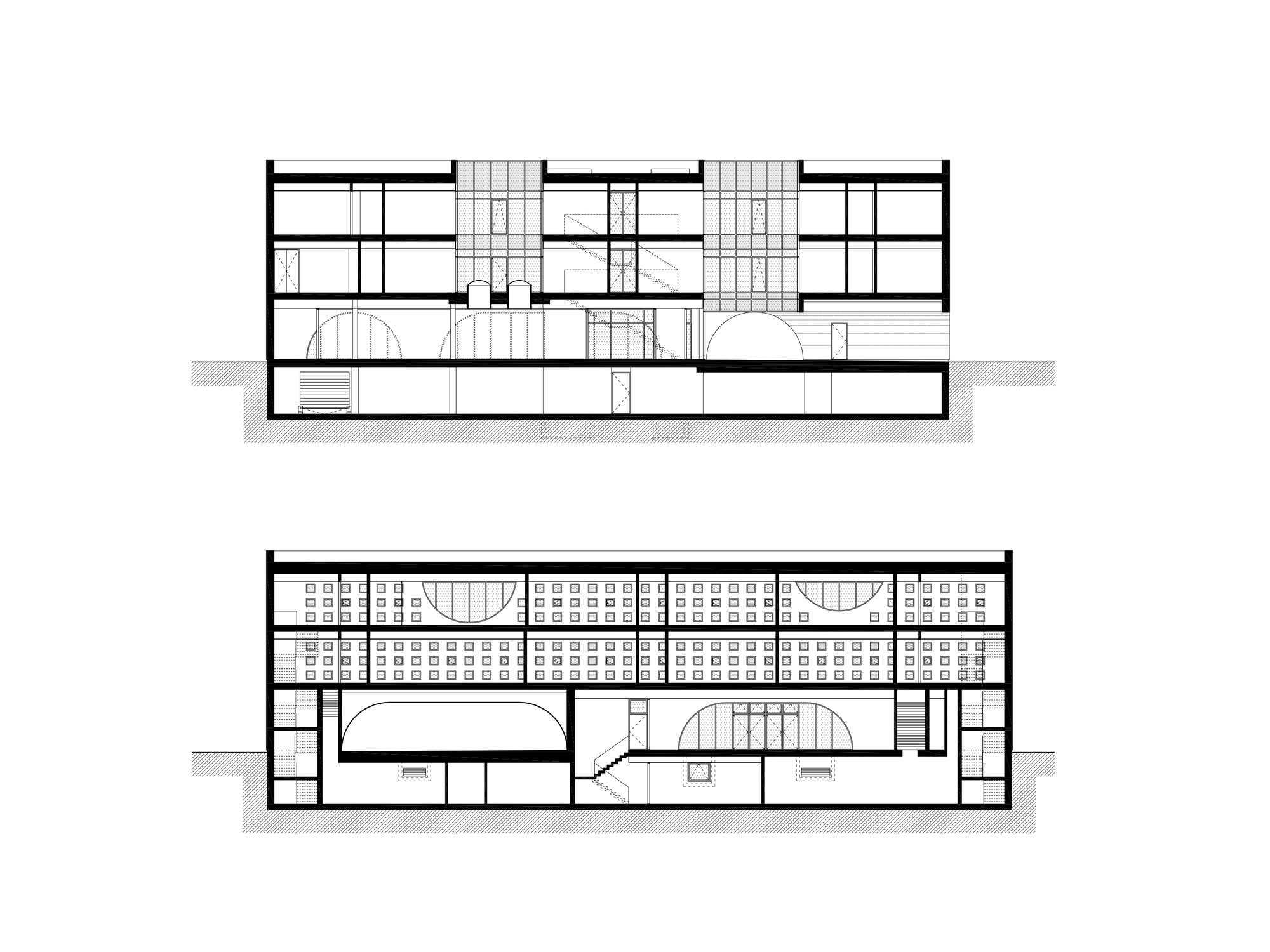 Section drawing showing two levels with arched openings and central stair connecting floor plates