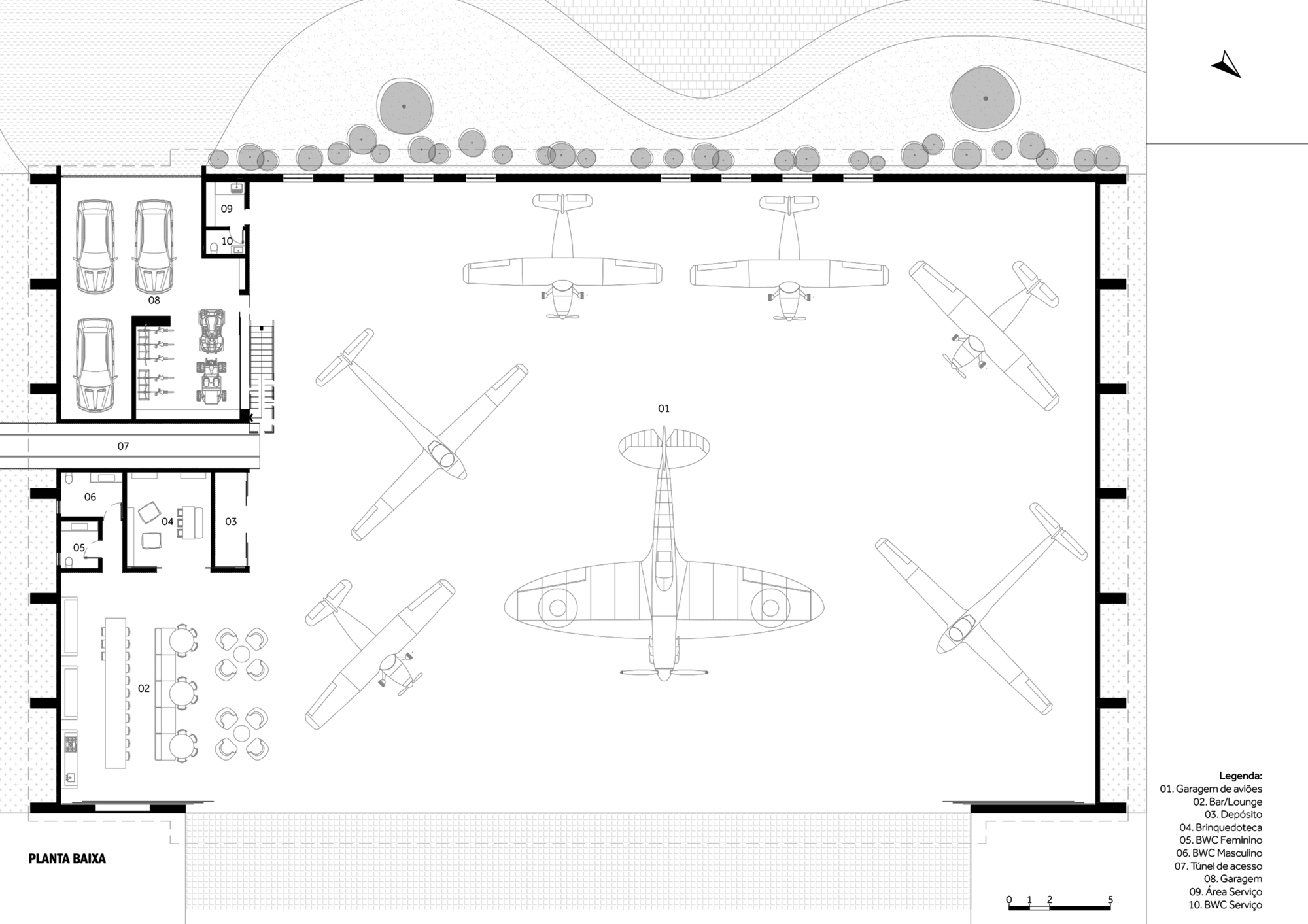 Ground floor plan showing aircraft parking positions with support rooms and landscaping along the edge