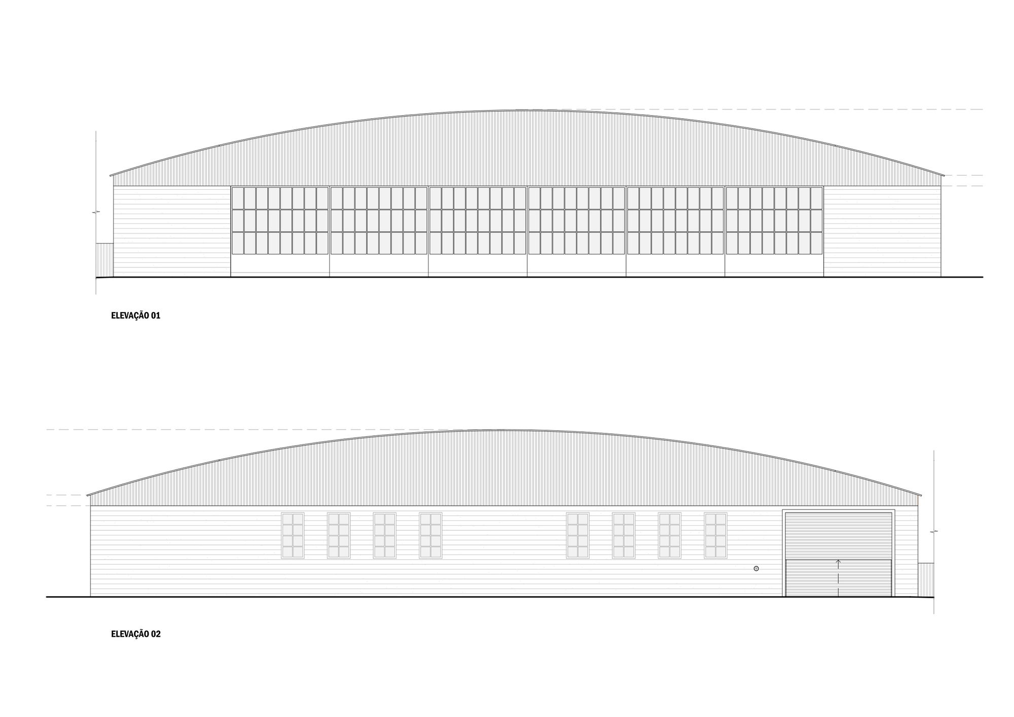 Elevation drawings showing the barrel-vaulted roof and gridded window facade with horizontal cladding panels