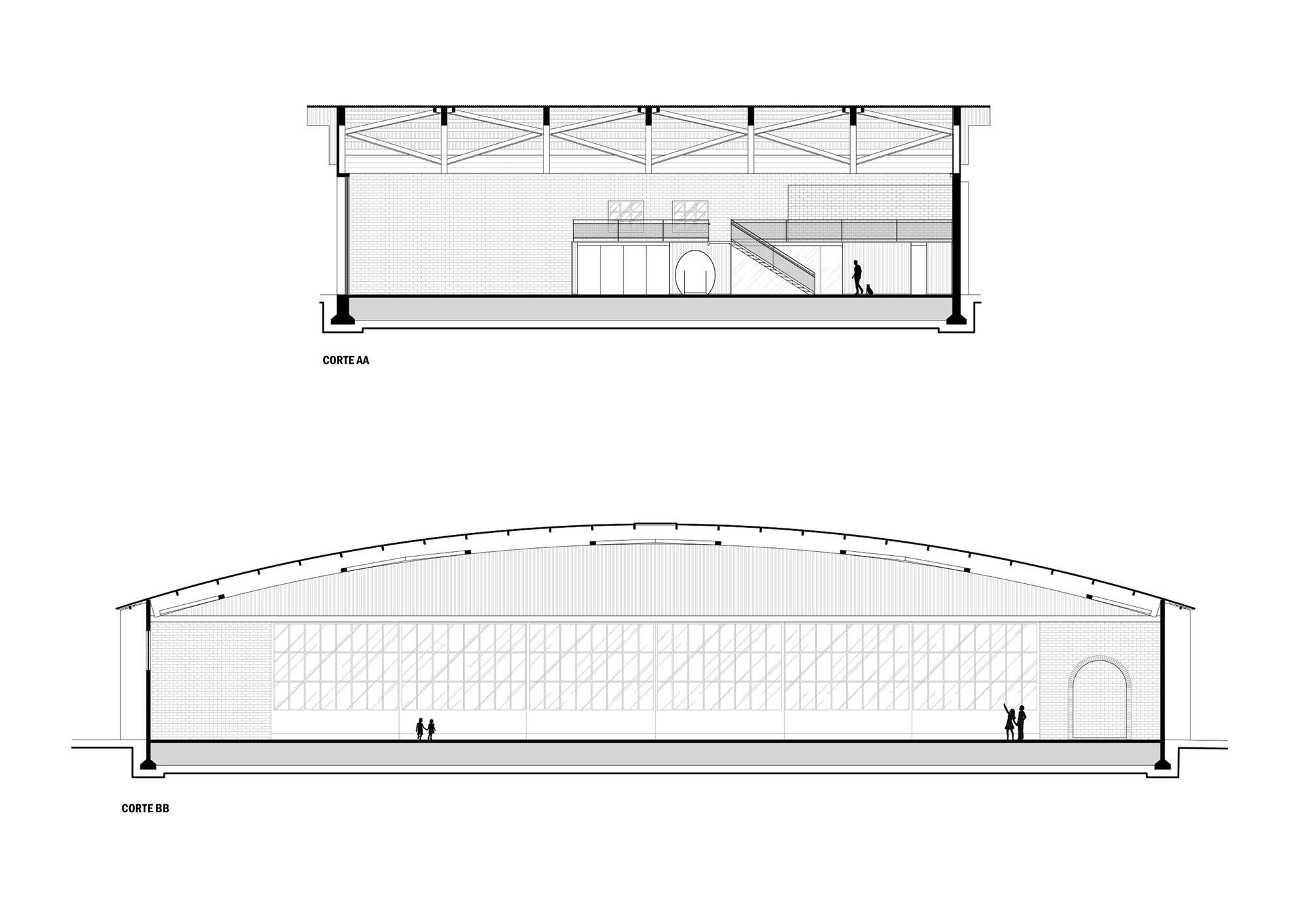 Section drawings depicting the arched roof structure with truss framing and interior spaces with figures