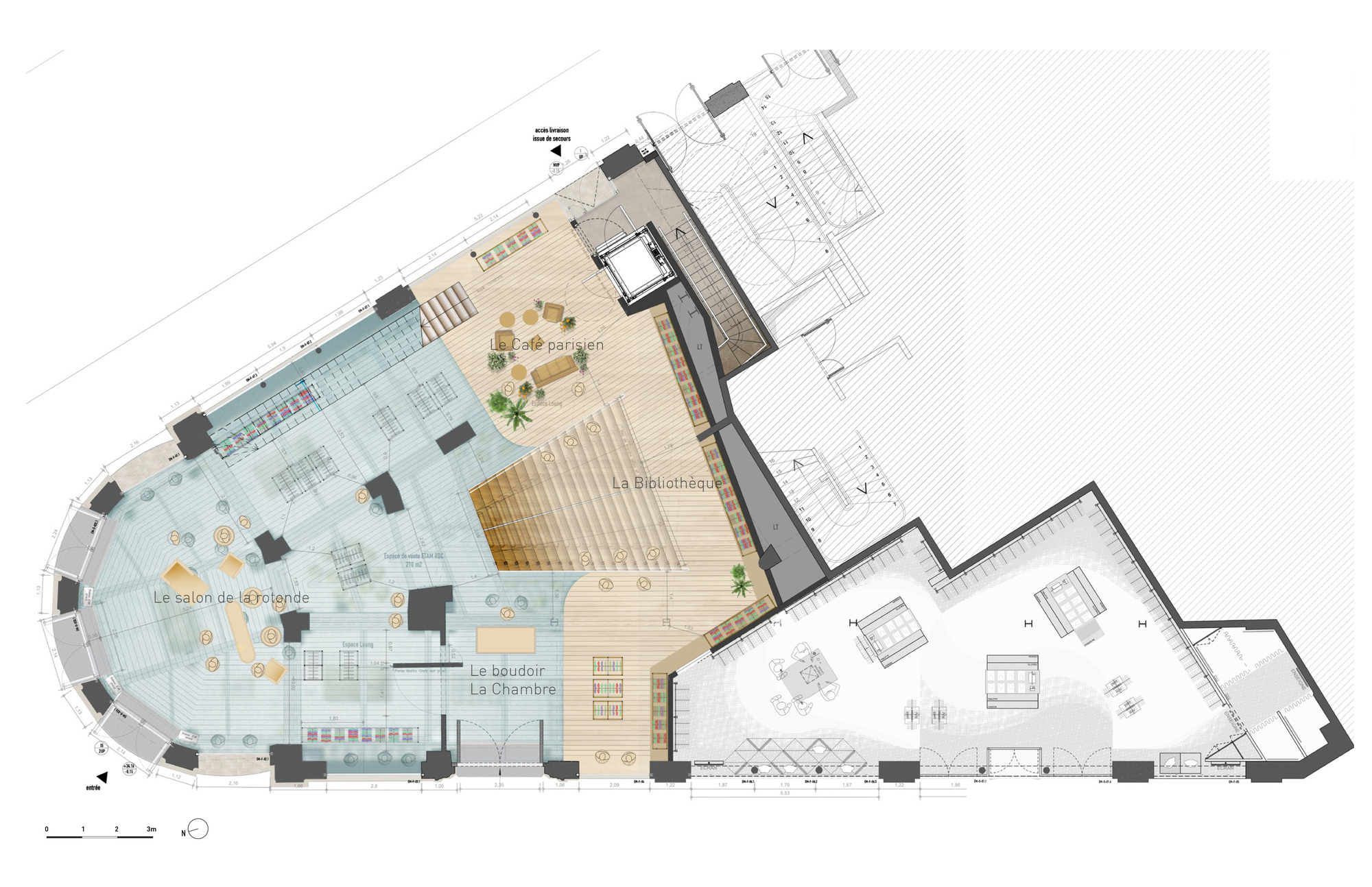 Floor plan drawing showing an irregular retail space with curved perimeter walls and central circulation zones