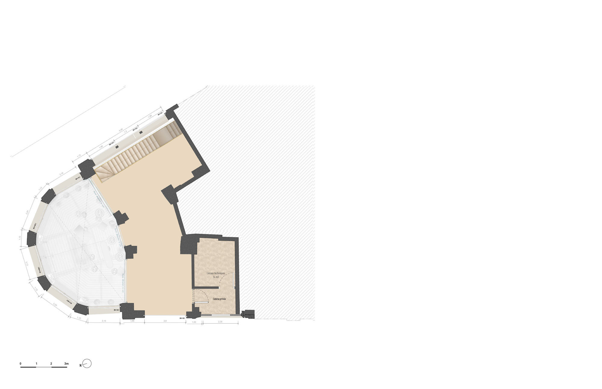 Floor plan drawing showing a curved corner volume with a stair and adjacent rectangular rooms