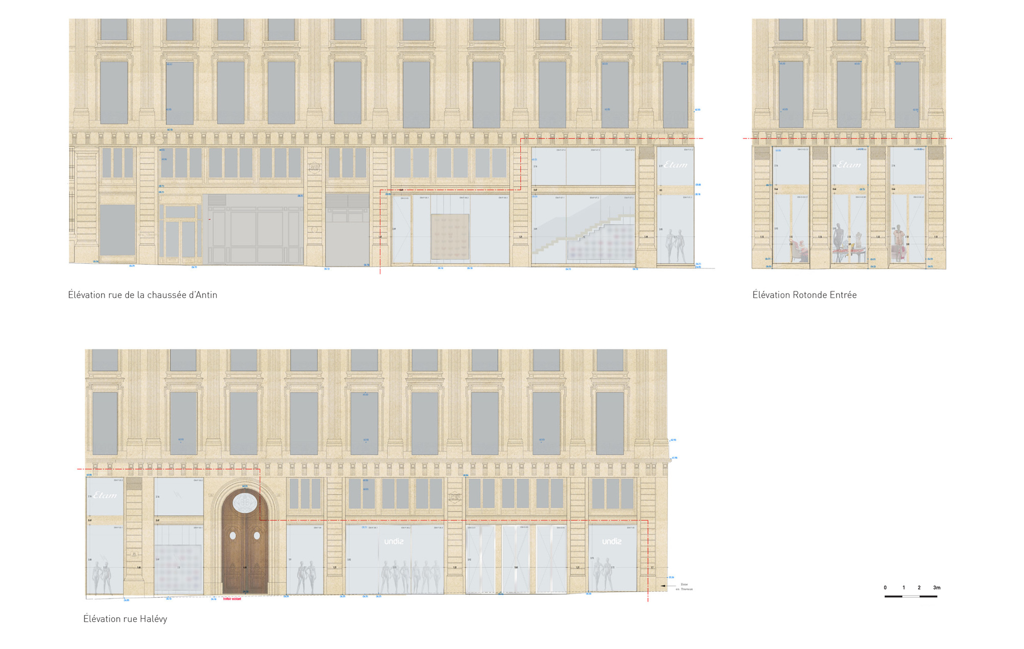Elevation drawings displaying three street facades with punched windows and a central arched doorway