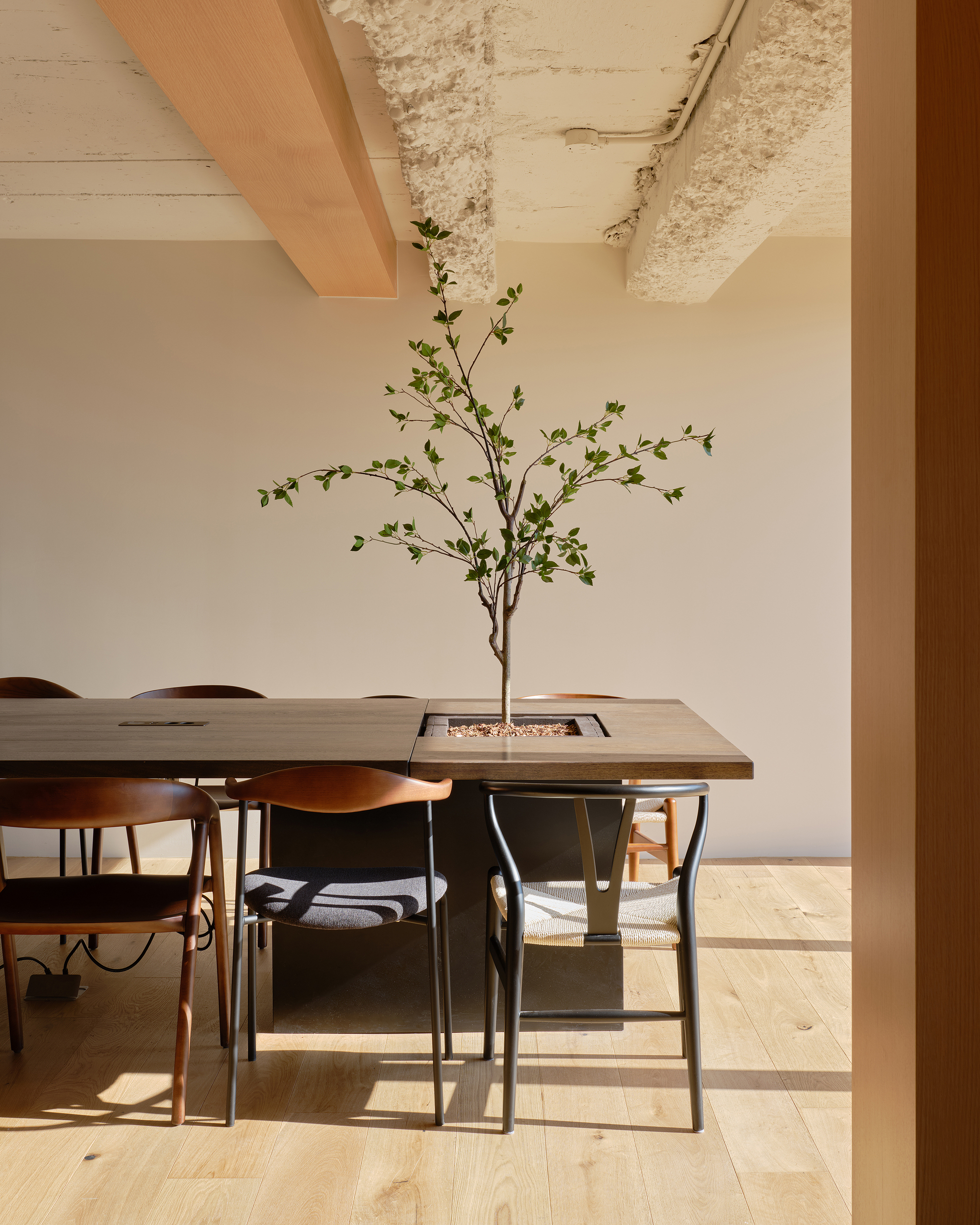 Dining table with integrated planter and branch centerpiece beneath exposed concrete ceiling
