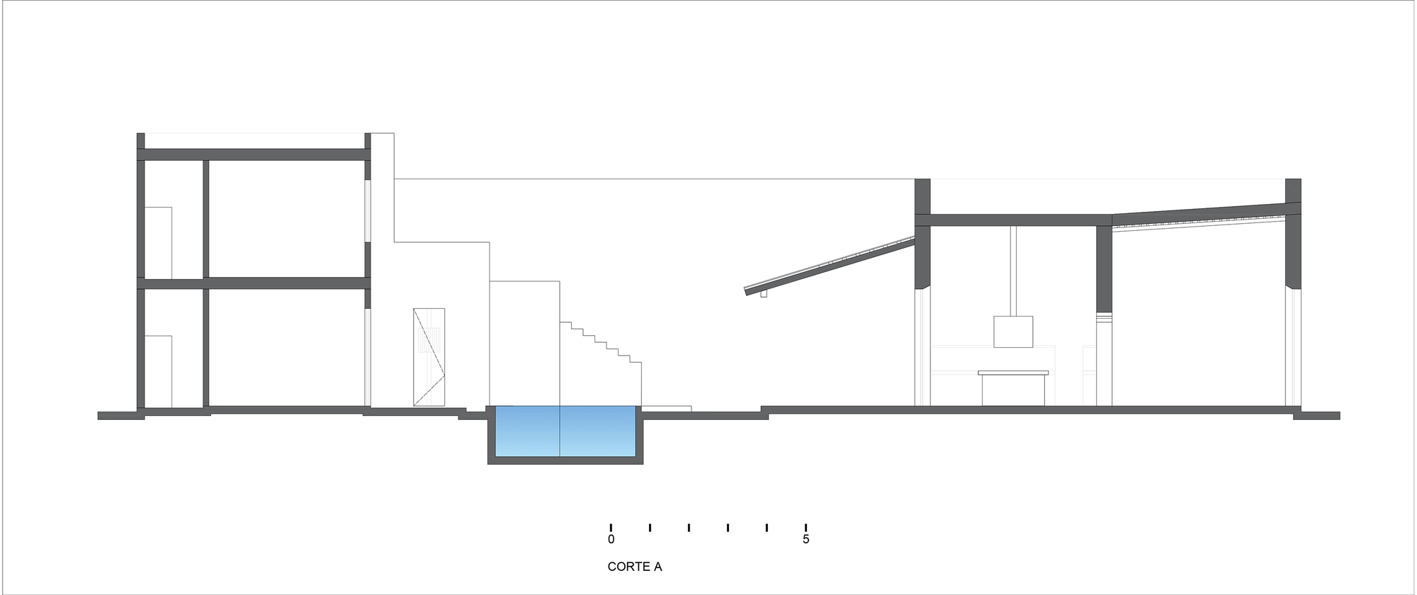 Section drawing showing two-storey volumes connected by central courtyard with pool and angled roof elements