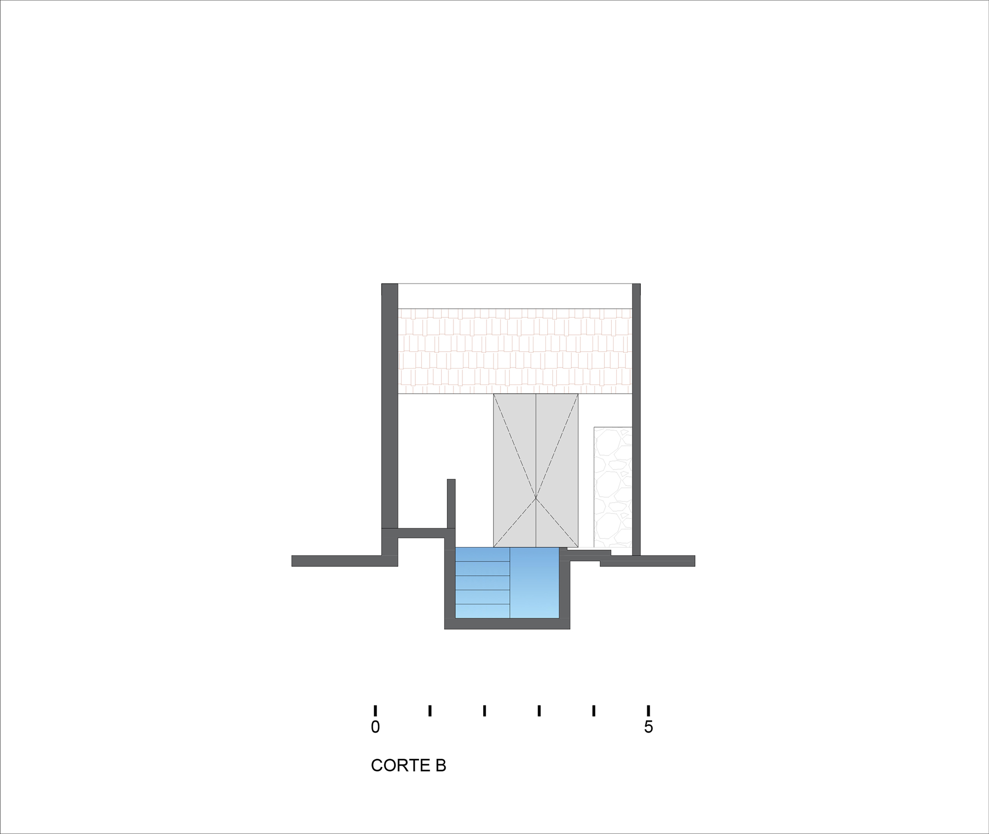 Section drawing showing a double-height space with pivot door and sunken pool below ground level