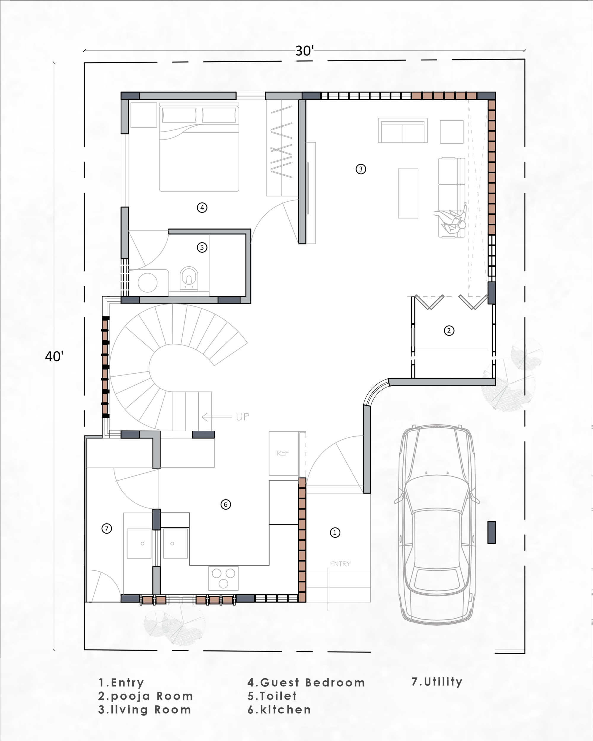 Ground floor plan drawing showing central spiral stair, living spaces, guest bedroom, kitchen, and single-car garage