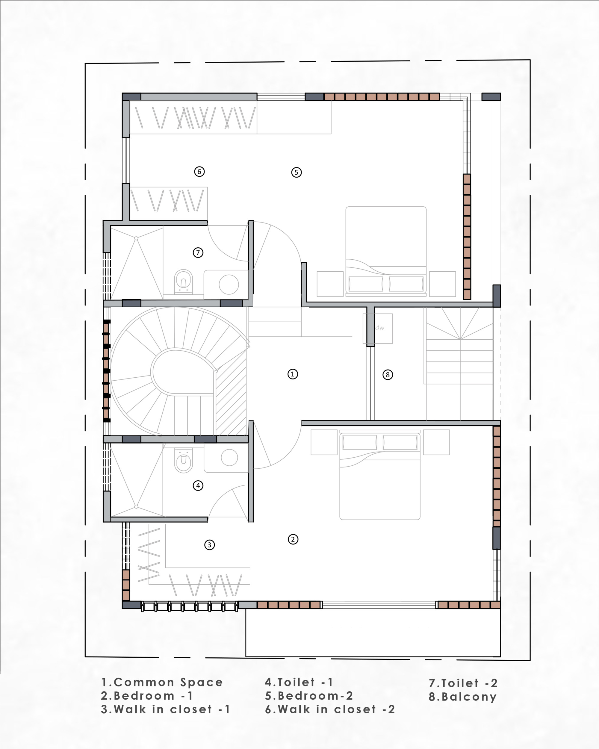 Floor plan drawing showing bedrooms, walk-in closets, bathrooms and a central curved staircase