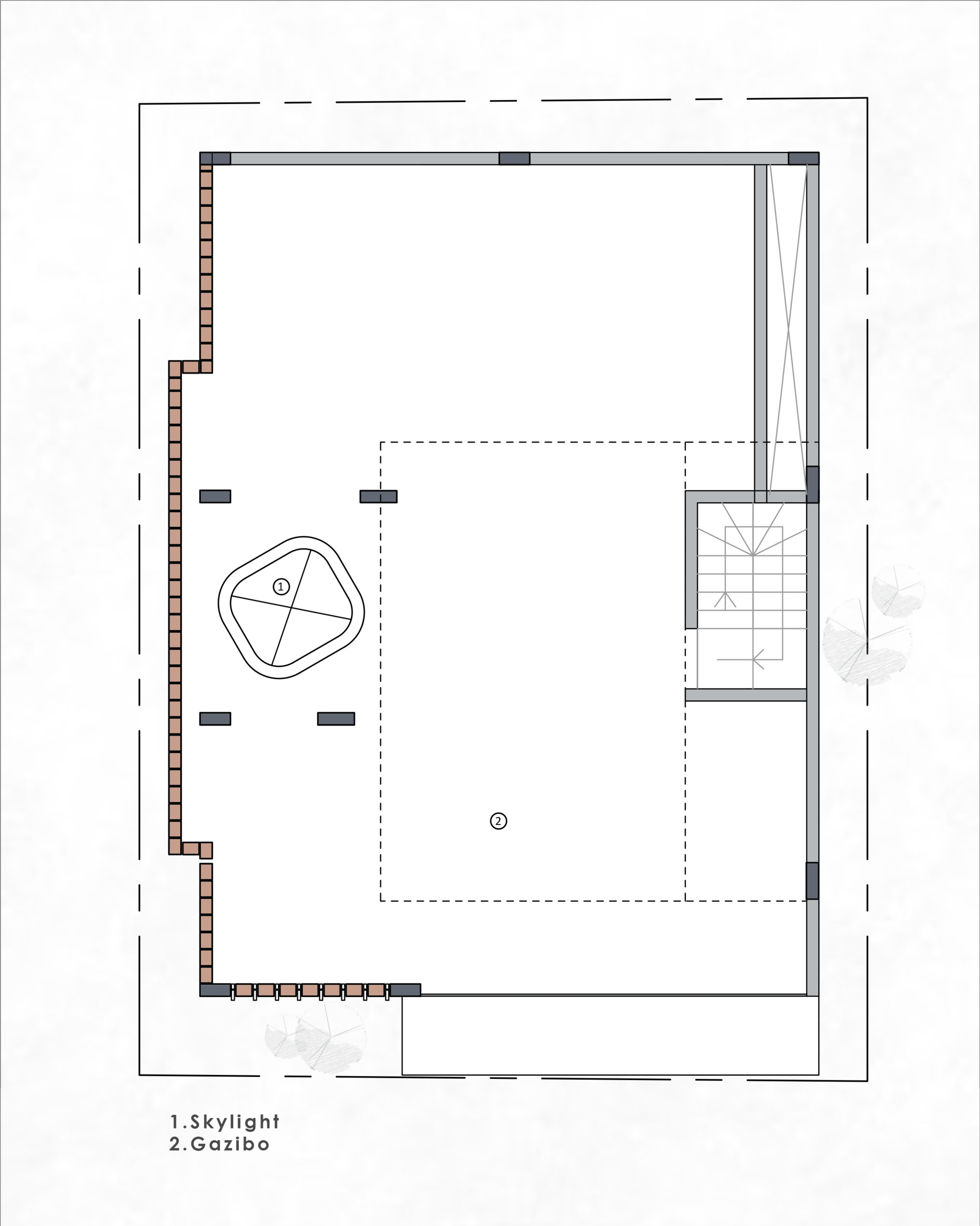 Floor plan drawing showing a rooftop gazebo, skylight and open terrace with staircase access