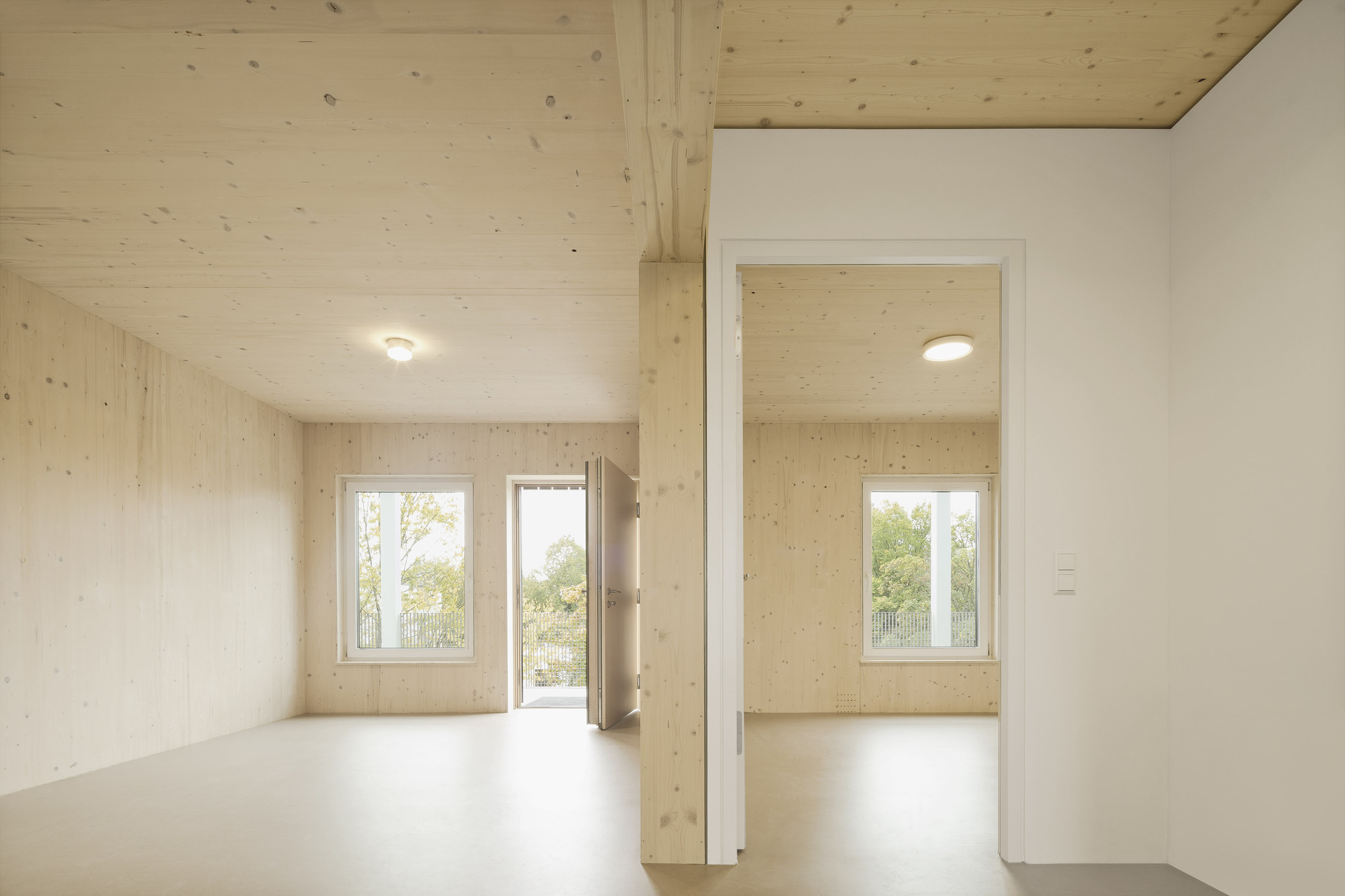 Connected plywood-lined rooms with white walls, large windows and a glass door to treed landscape