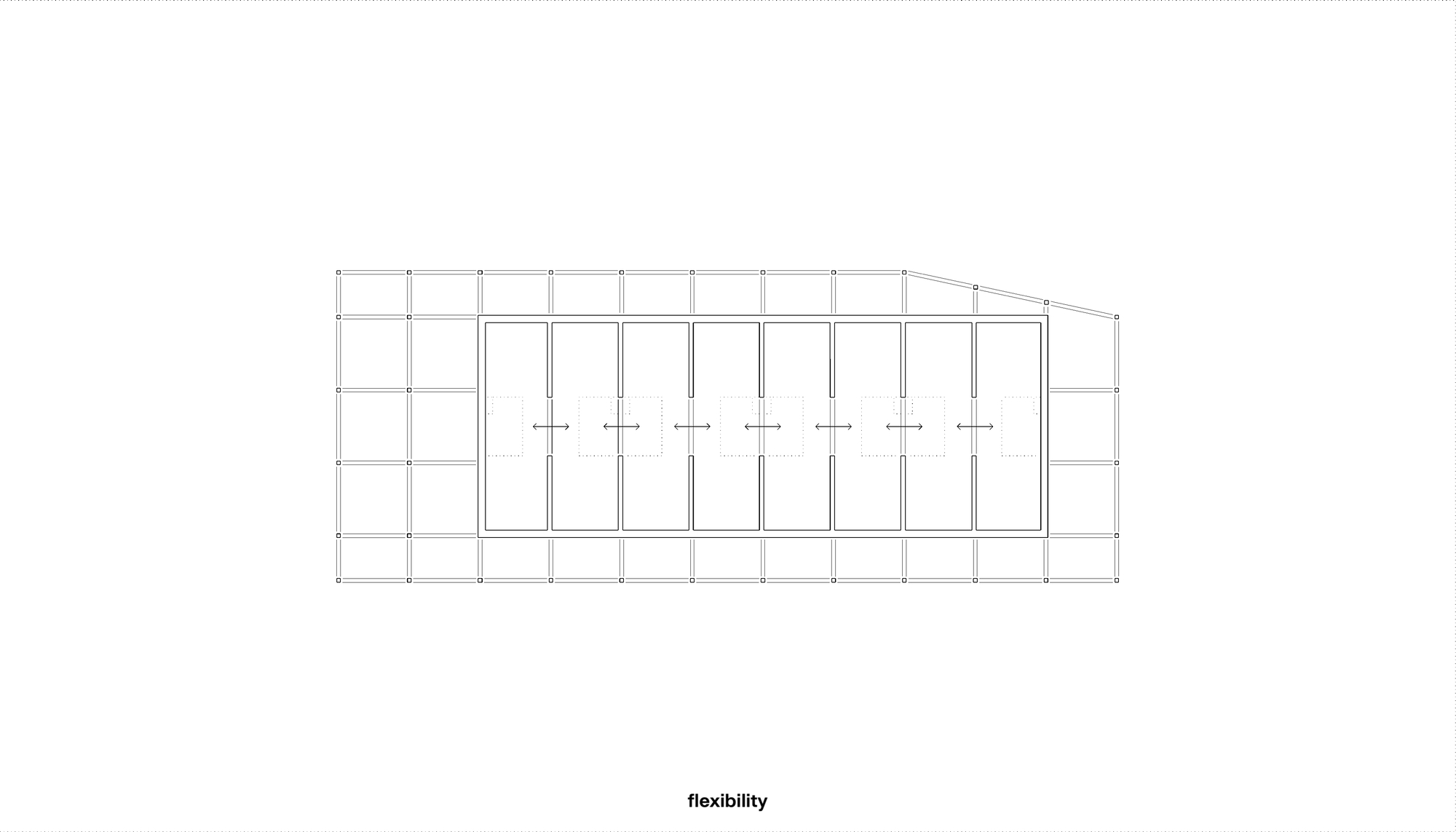 Section drawing showing a structural frame with vertical columns and angled roof line
