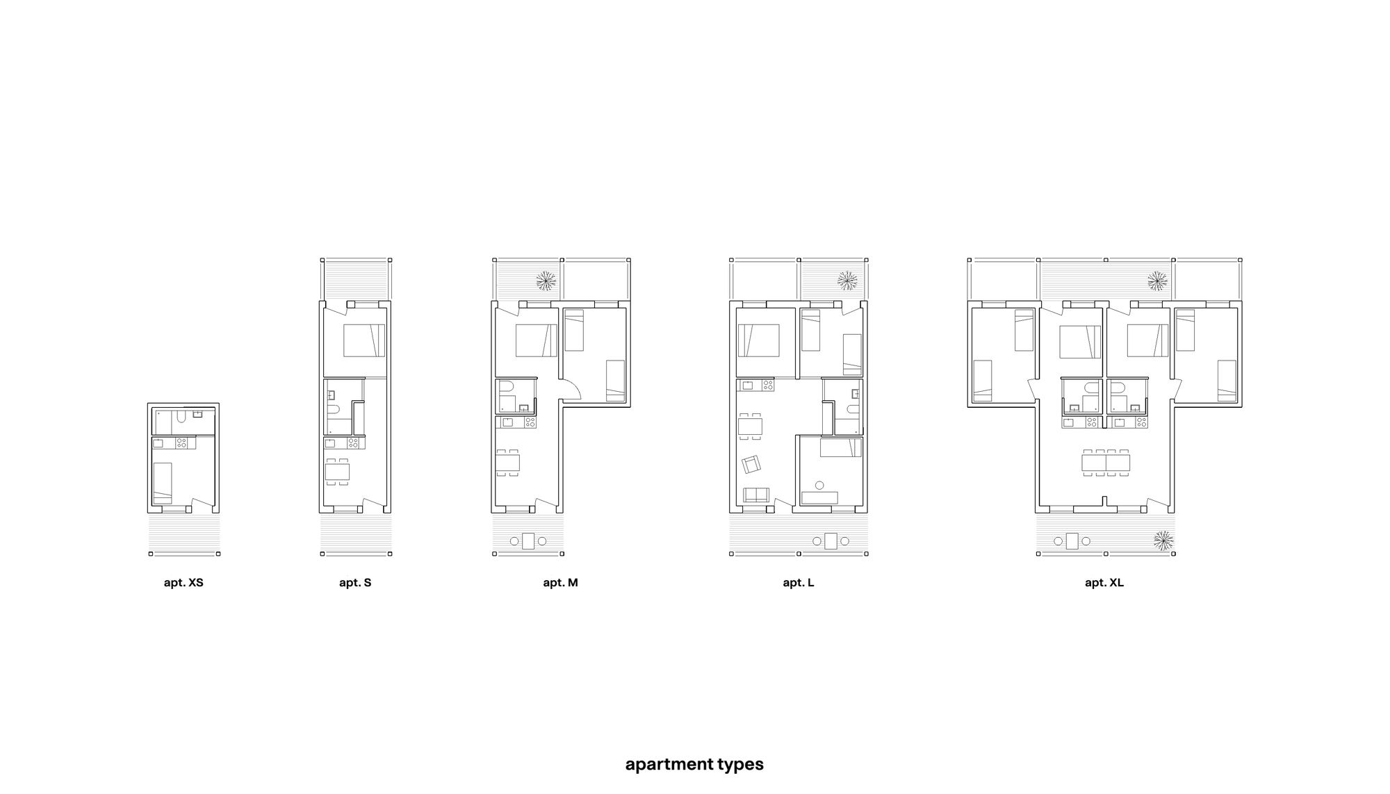 Floor plan drawing showing five apartment typologies ranging from studio to multi-bedroom layouts