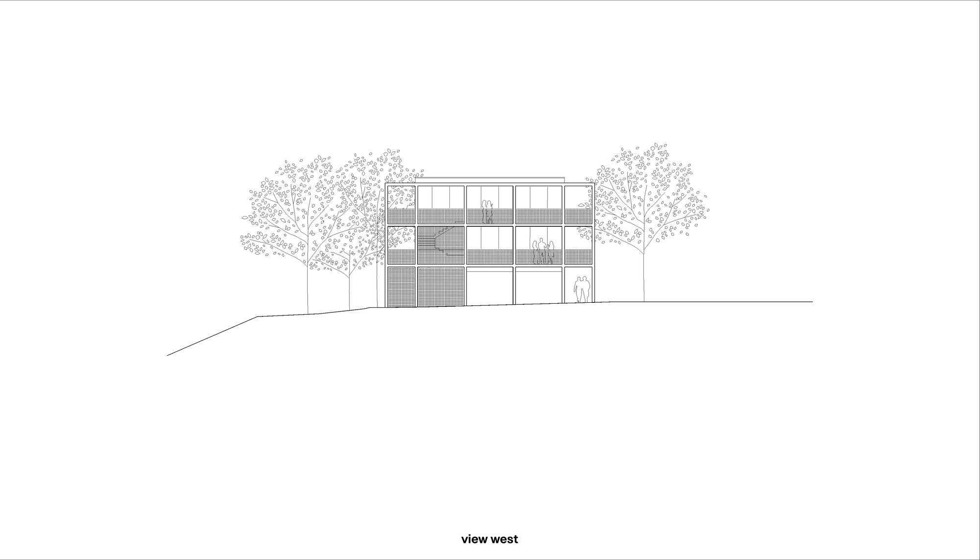 West elevation drawing showing the rectilinear facade with panelized grid and adjacent trees on a hillside