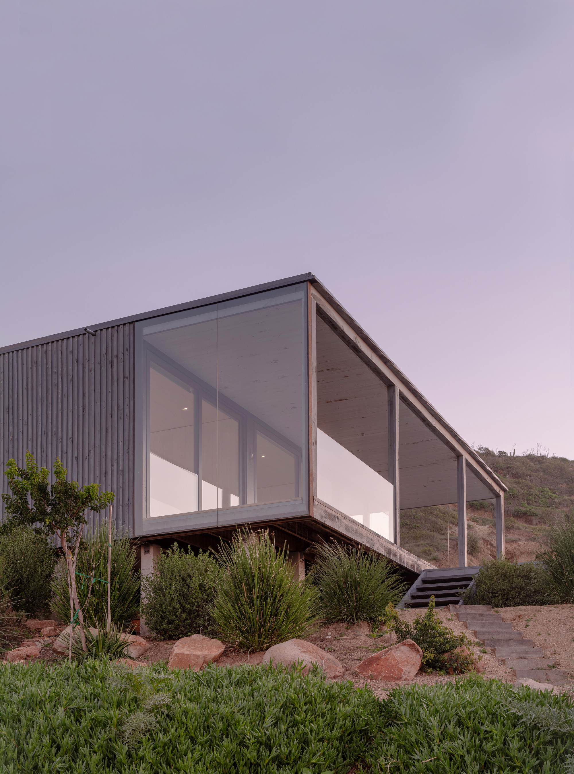 Elevated glass pavilion volume with vertical timber cladding on one side and native plantings at dusk