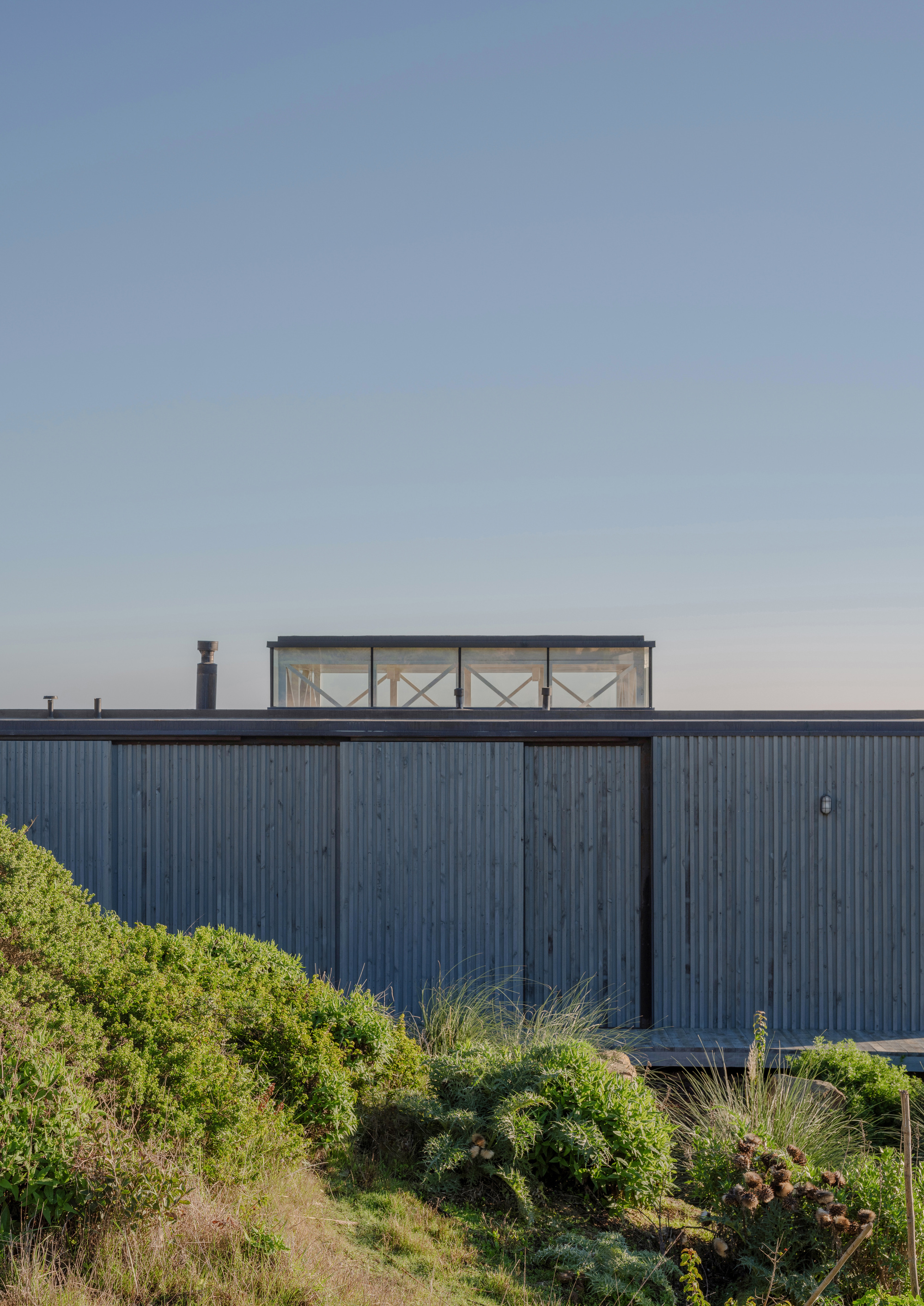 Corrugated metal facade with glazed rooftop pavilion and hillside plantings in daylight