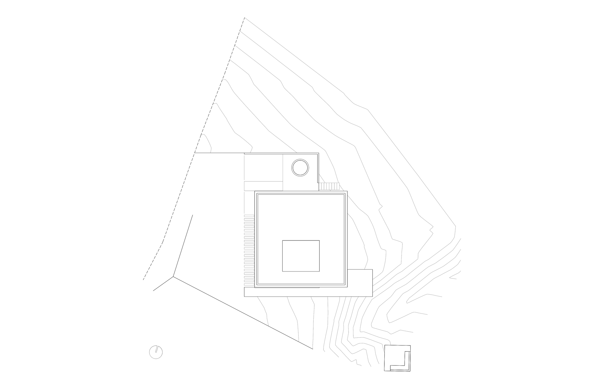 Site plan drawing showing the rectilinear building volume set within sloping topographic contour lines