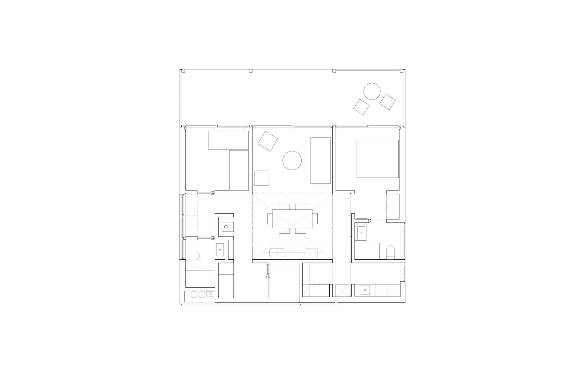 Floor plan drawing showing central living space with dining area flanked by two bedrooms and bathrooms