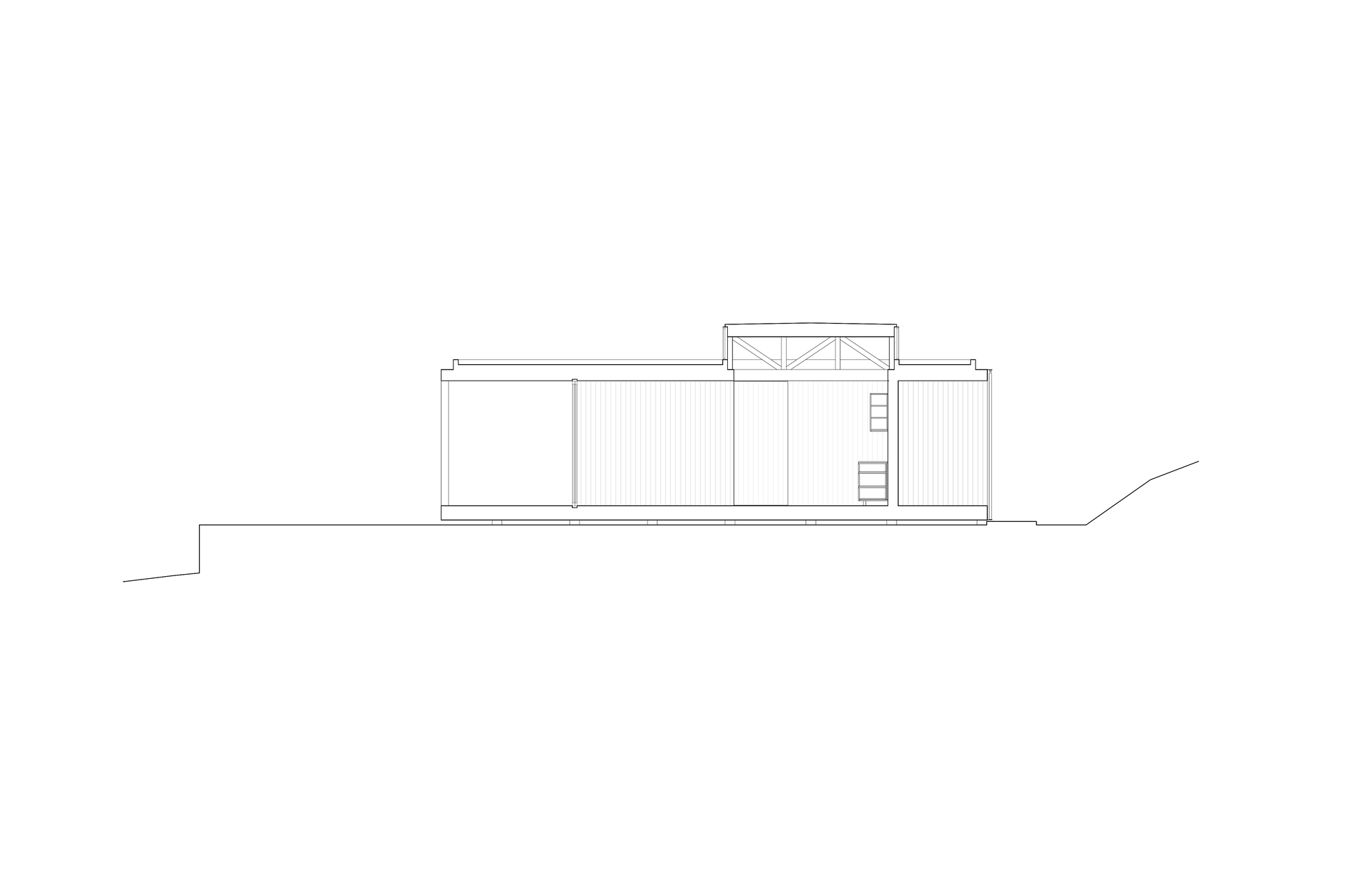 Elevation drawing showing the low-slung horizontal profile with clerestory monitor and ladder access to rooftop