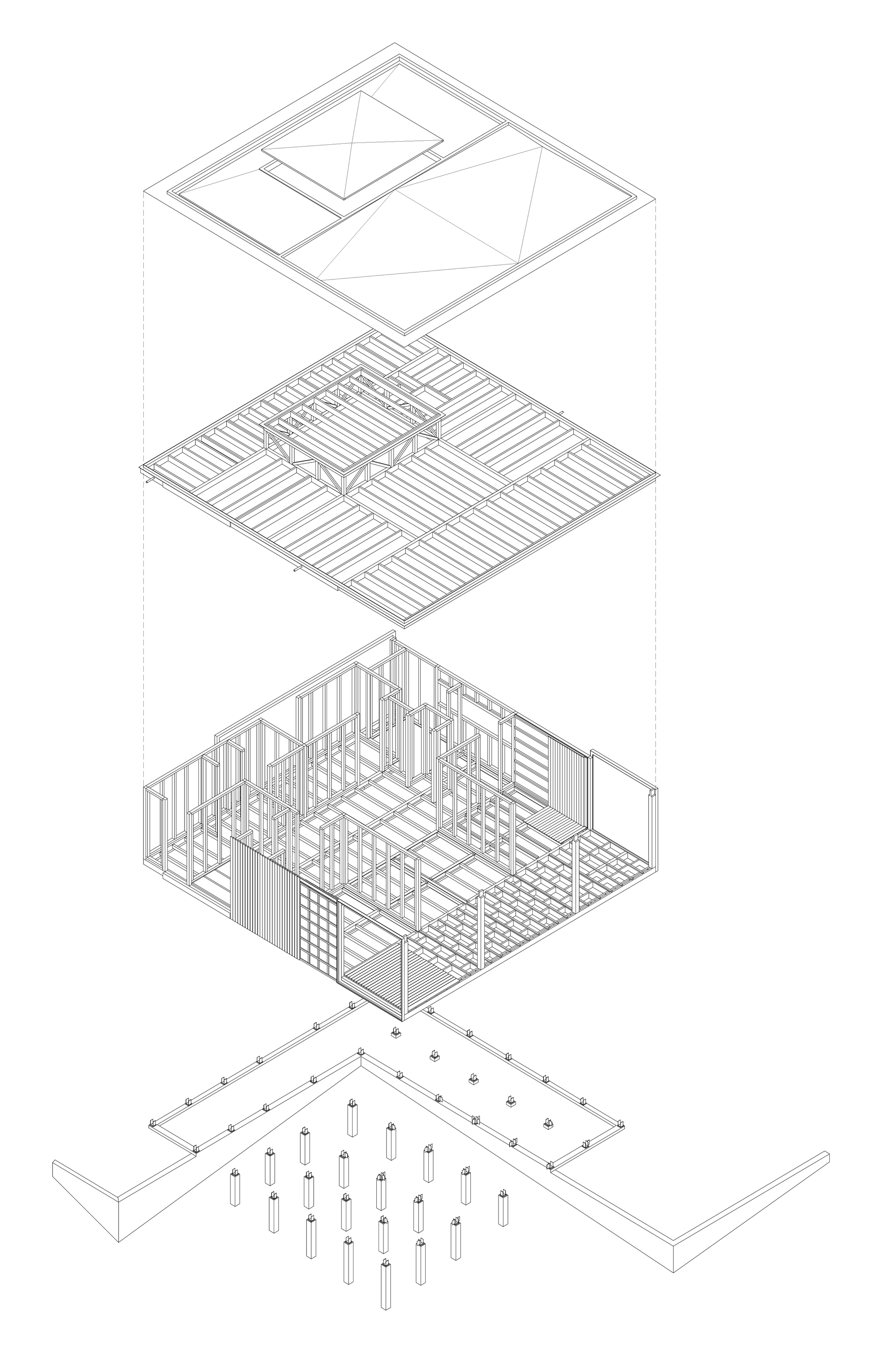 Exploded axonometric drawing showing roof structure, floor decking, timber framing, and concrete foundation with pier anchors