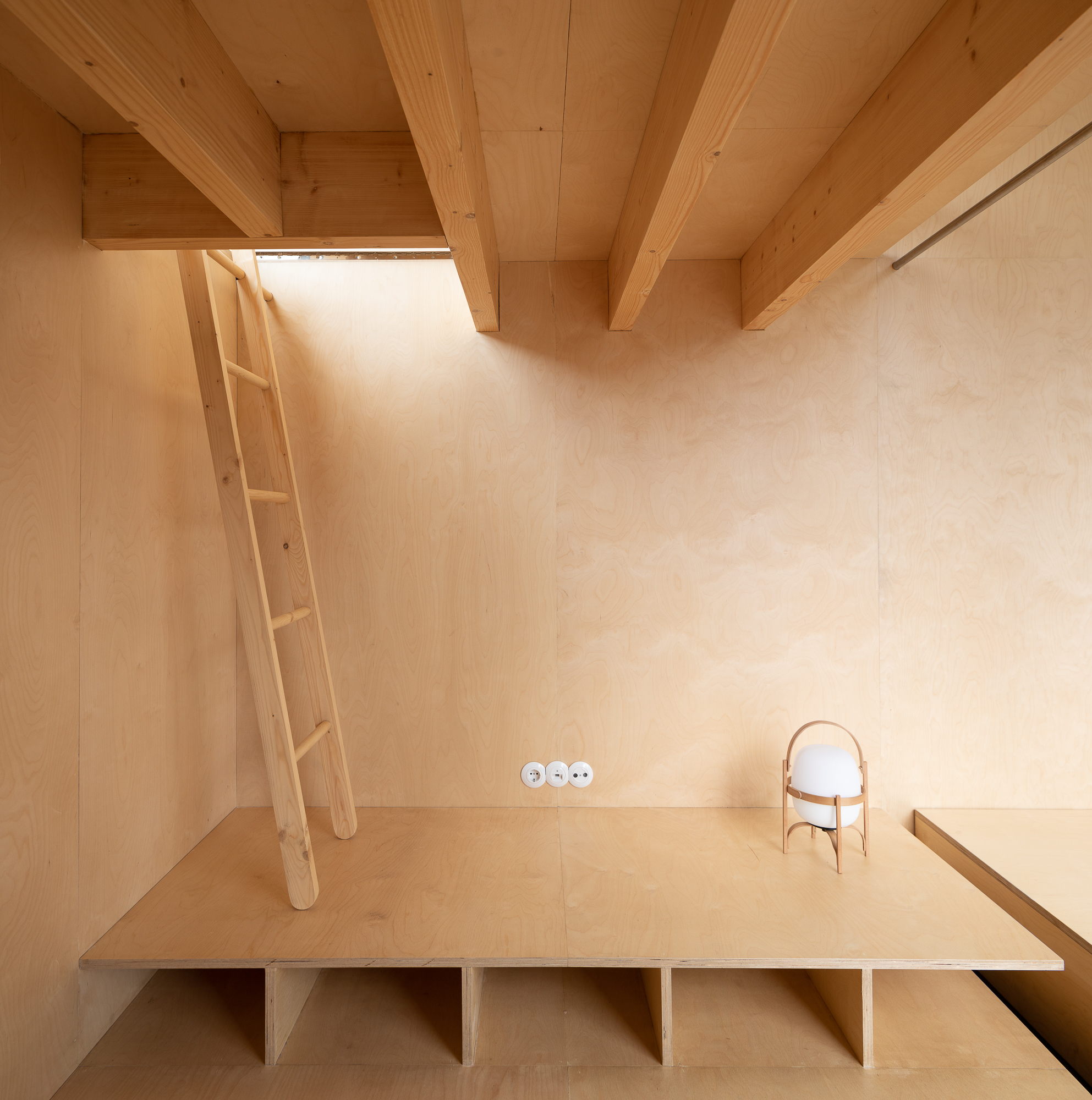 Plywood-lined mezzanine with exposed timber beams and ladder accessing upper level with built-in storage below