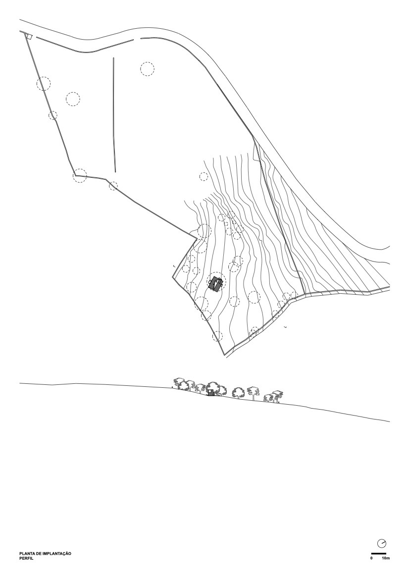 Site plan drawing showing building footprint on sloped terrain with topographic contour lines and trees
