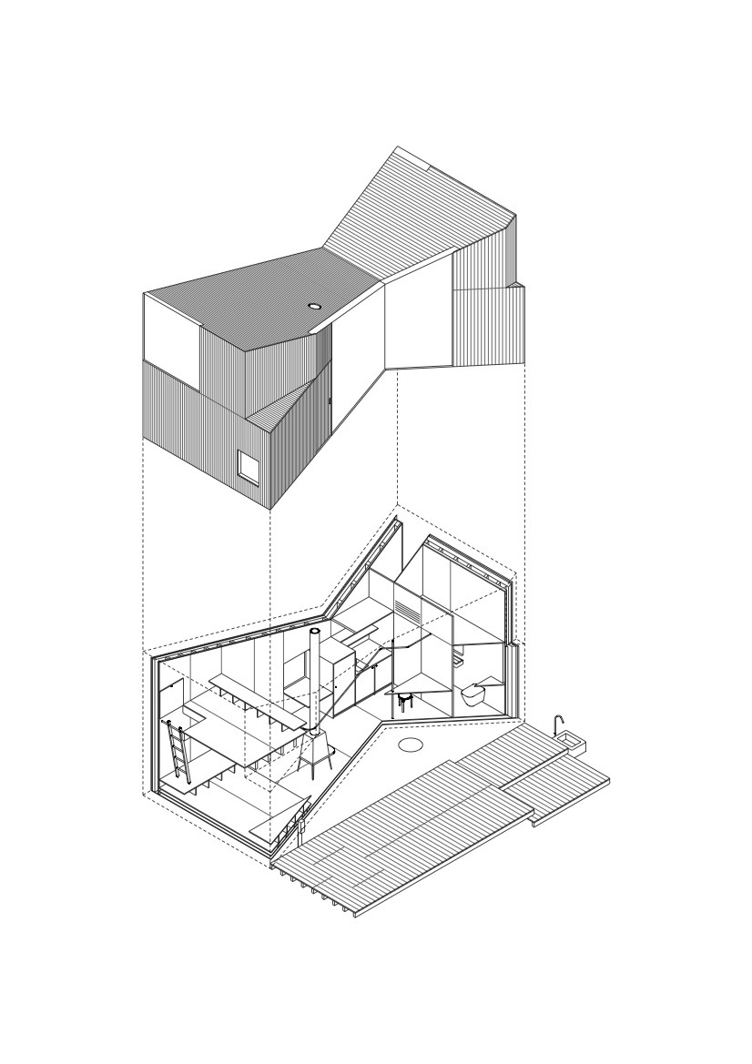 Exploded axonometric drawing revealing interior layout beneath angled roof and vertical facade volumes