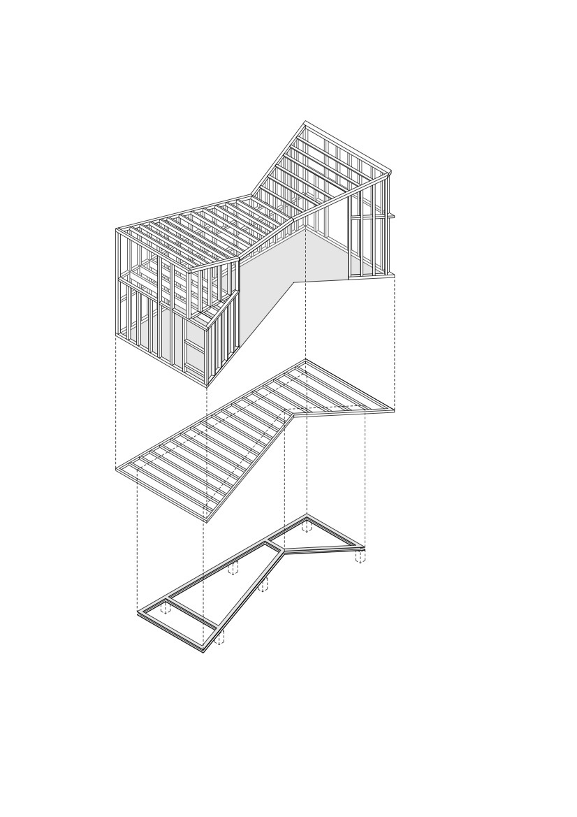 Axonometric drawing showing timber framing components separated into roof deck and foundation layers