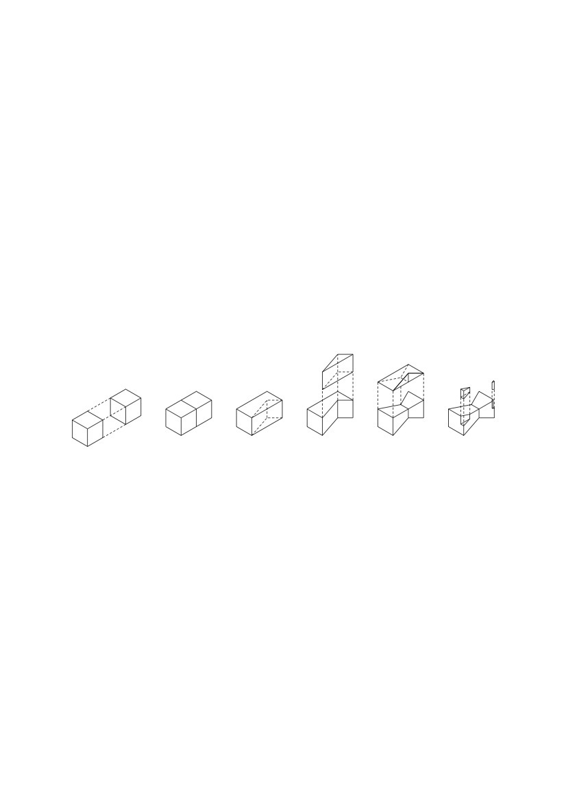 Isometric diagram sequence illustrating progressive massing development from simple volumes to complex composition