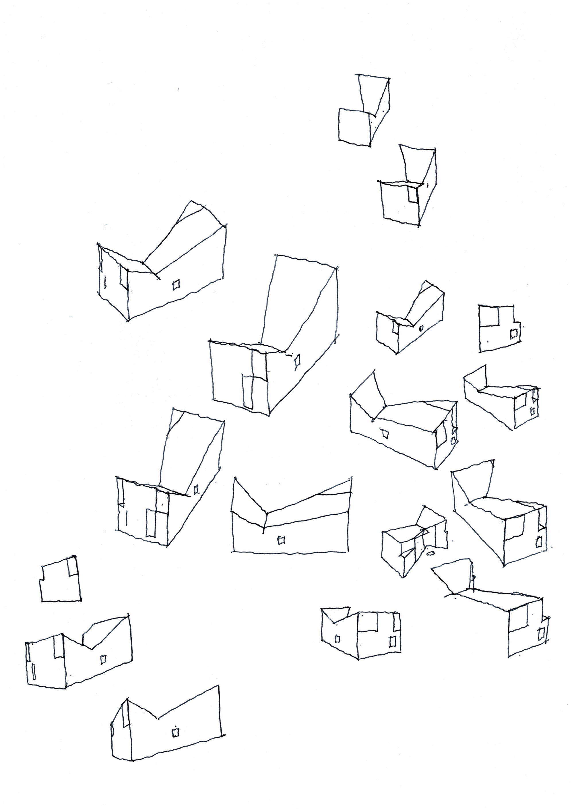 Axonometric sketch studies showing multiple variations of angular roof forms and fenestration arrangements