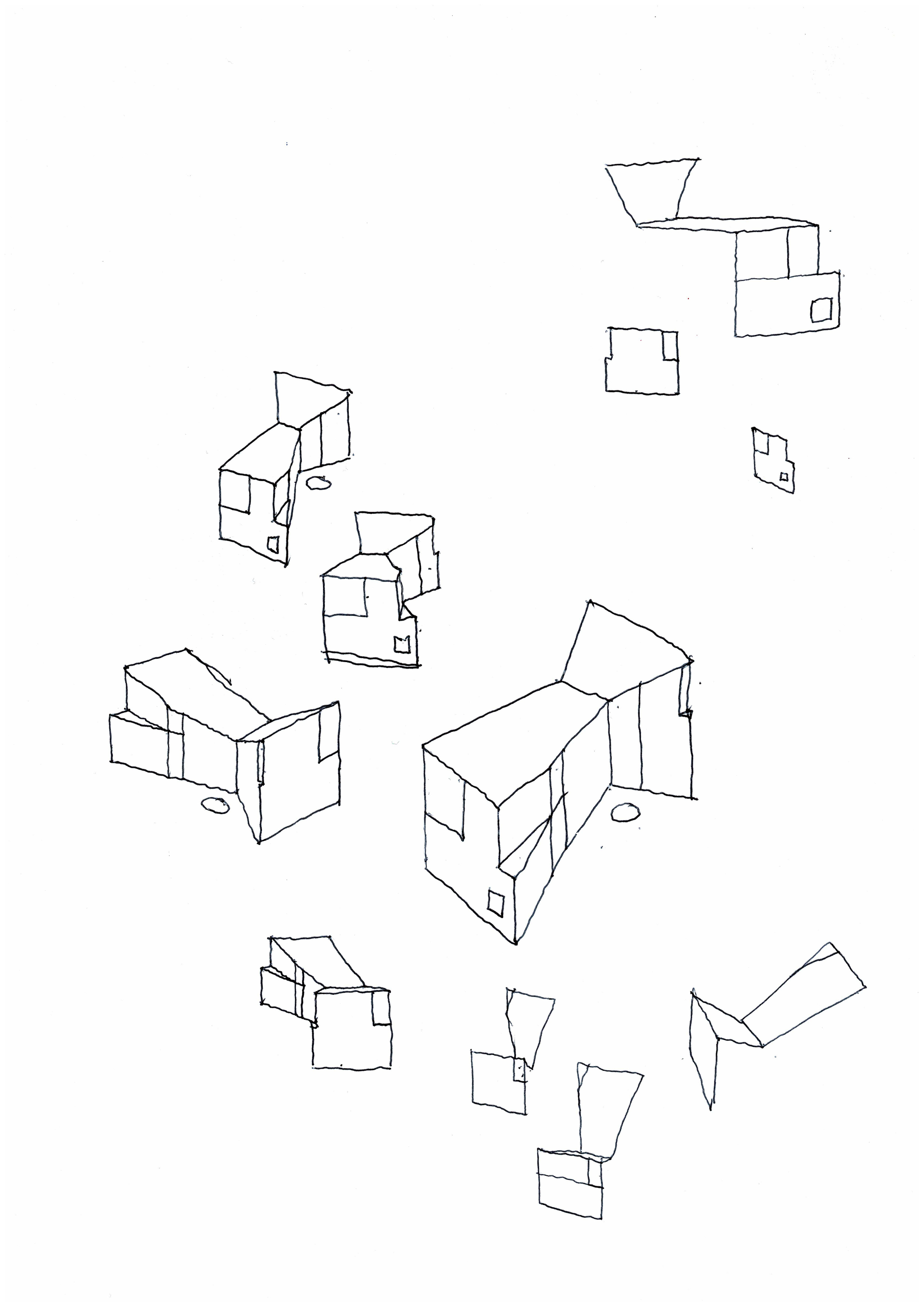 Isometric drawing studies exploring different configurations of pitched roofs with openings and window placements