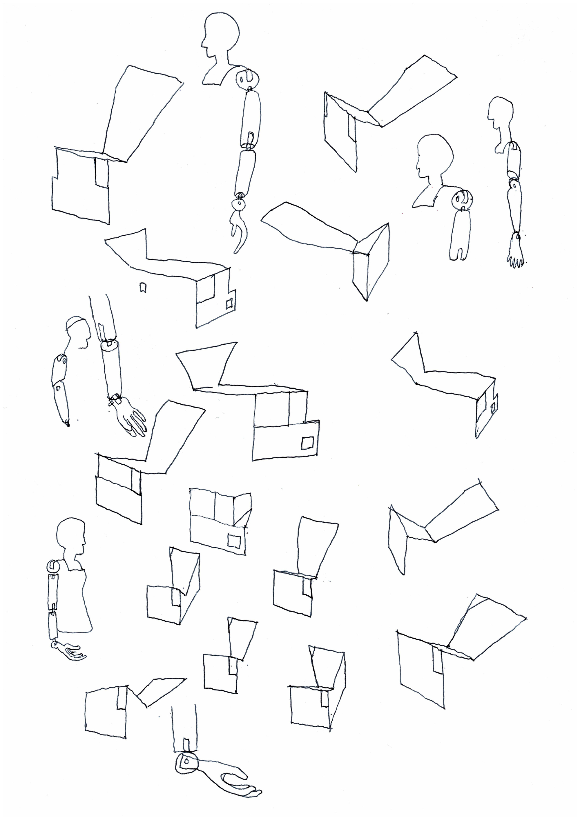 Conceptual sketches of volumetric studies with human figure mannequins providing scale reference