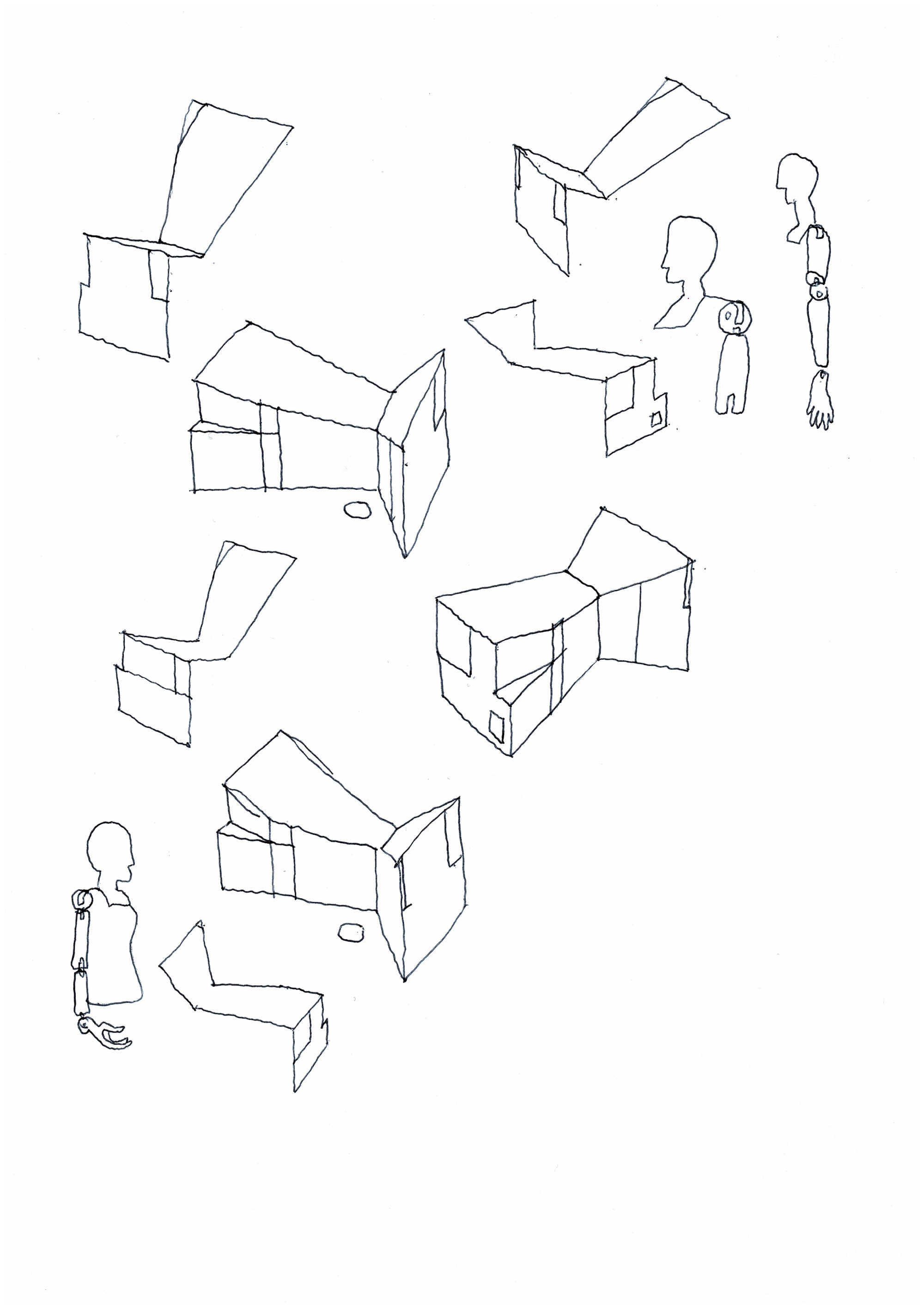 Axonometric drawings showing interior spatial arrangements with scale figures and varied roof configurations