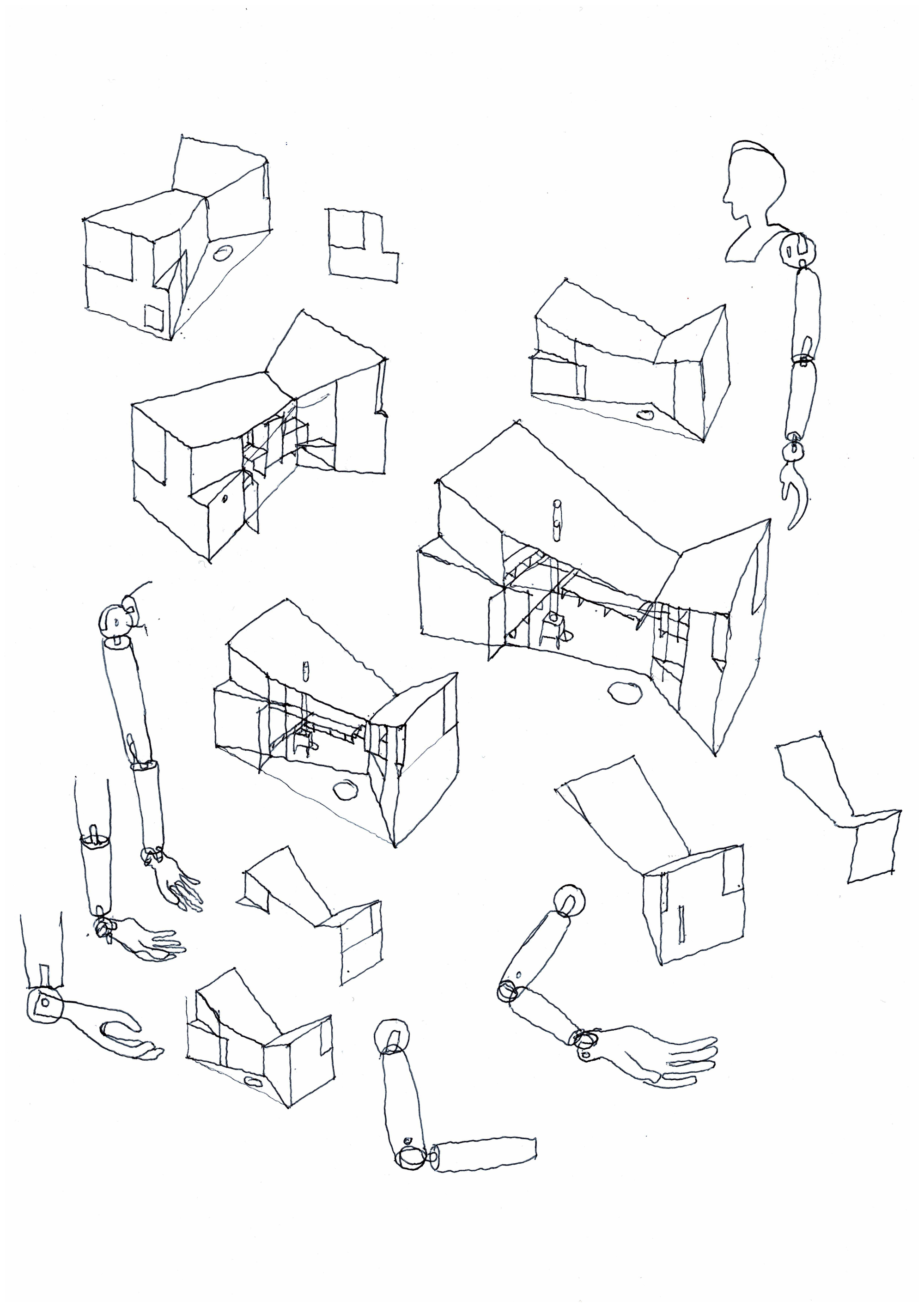 Isometric sketches depicting sectional views of interior spaces with furniture layouts and articulated figure studies